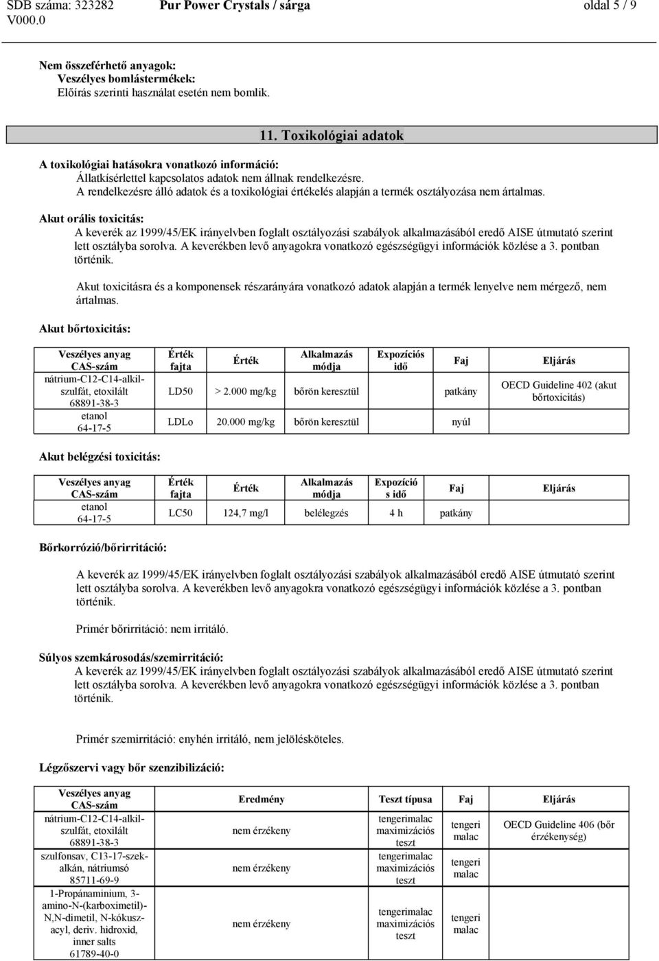 A rendelkezésre álló adatok és a toxikológiai értékelés alapján a termék osztályozása nem ártalmas.