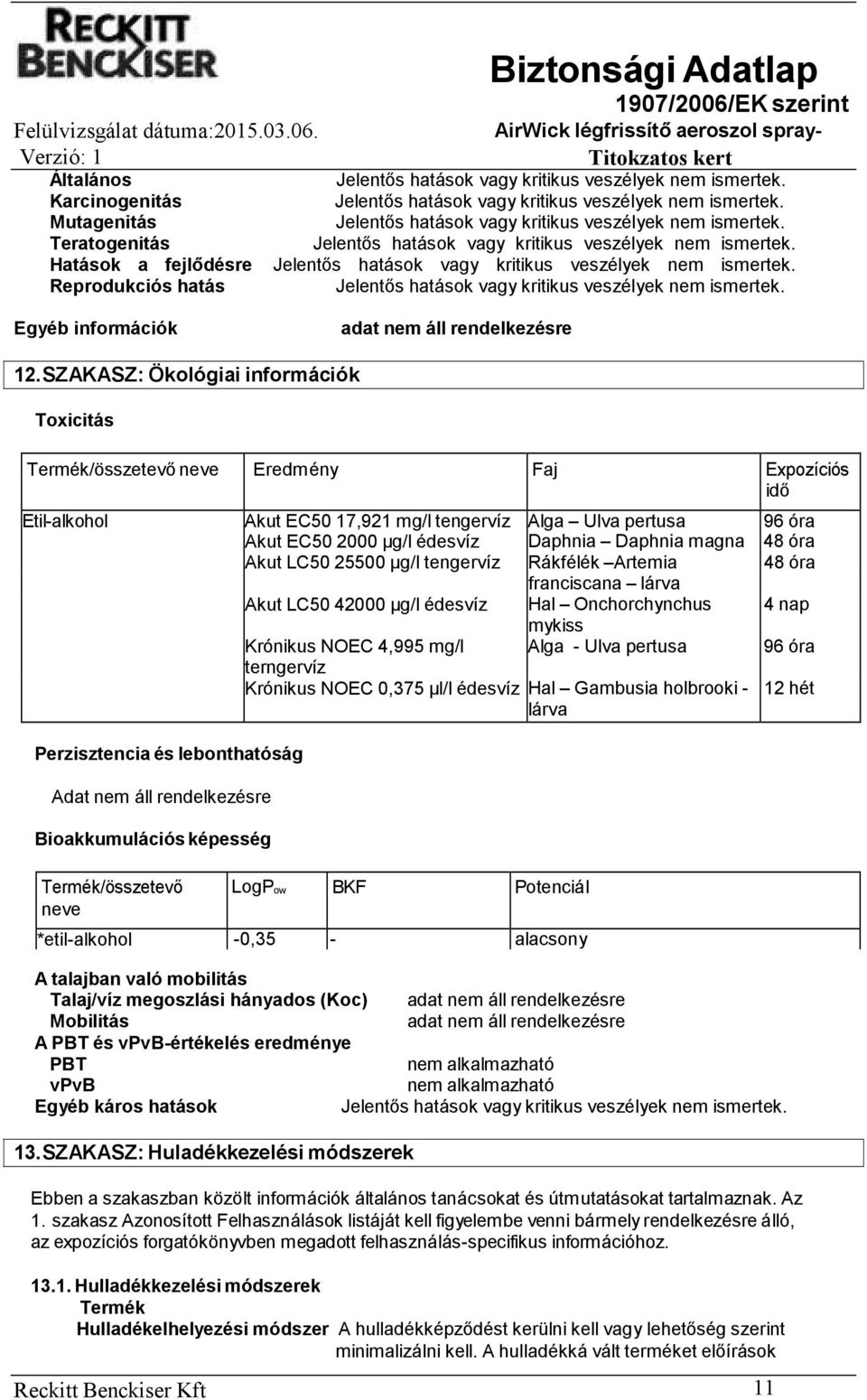 Termék/összetevő neve Akut EC50 17,921 mg/l tengervíz Alga Ulva pertusa 96 óra Akut EC50 2000 µg/l édesvíz Daphnia Daphnia magna 48 óra Akut LC50 25500 µg/l tengervíz Rákfélék Artemia 48 óra