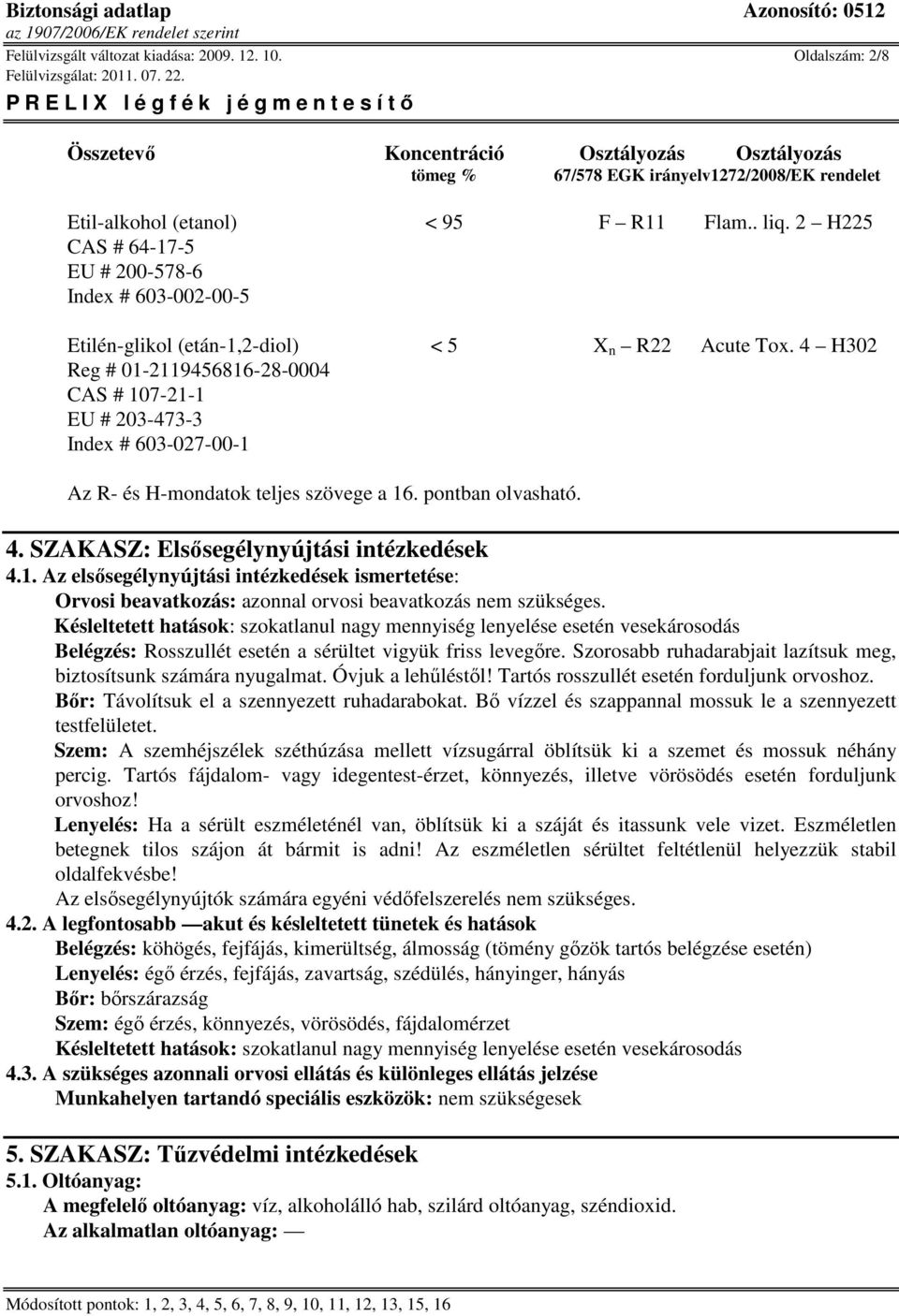 4 H302 Reg # 01-2119456816-28-0004 CAS # 107-21-1 EU # 203-473-3 Index # 603-027-00-1 Az R- és H-mondatok teljes szövege a 16. pontban olvasható. 4. SZAKASZ: Elsısegélynyújtási intézkedések 4.1. Az elsısegélynyújtási intézkedések ismertetése: Orvosi beavatkozás: azonnal orvosi beavatkozás nem szükséges.