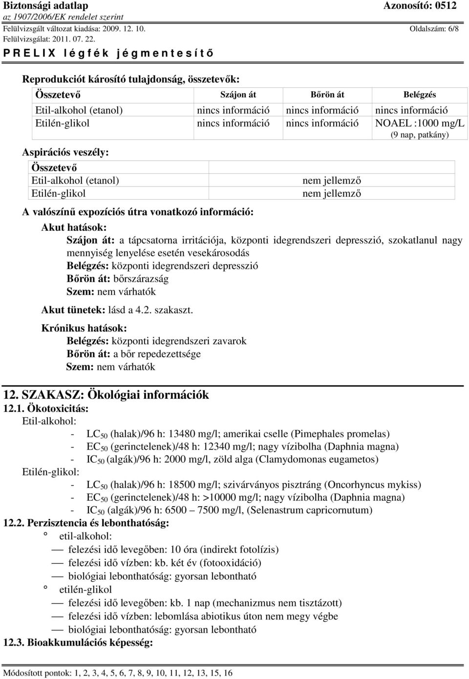 Etil-alkohol (etanol) Etilén-glikol nem jellemzı nem jellemzı A valószínő expozíciós útra vonatkozó információ: Akut hatások: Szájon át: a tápcsatorna irritációja, központi idegrendszeri depresszió,