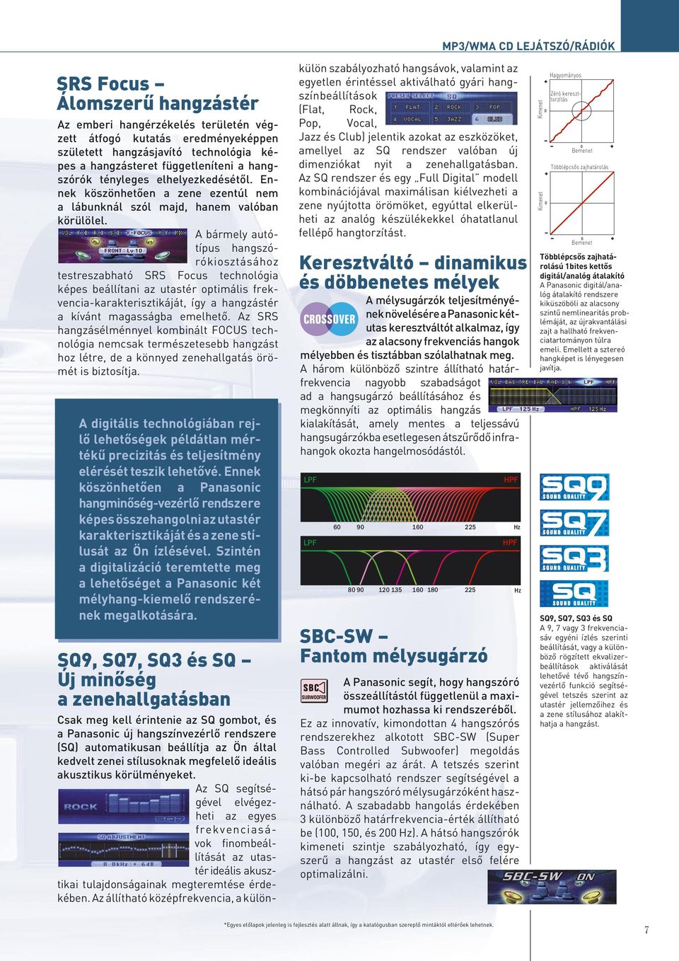 A bármely autótípus hangszórókiosztásához testreszabható SRS Focus technológia képes beállítani az utastér optimális frekvenciakarakterisztikáját, így a hangzástér a kívánt magasságba emelhetô.