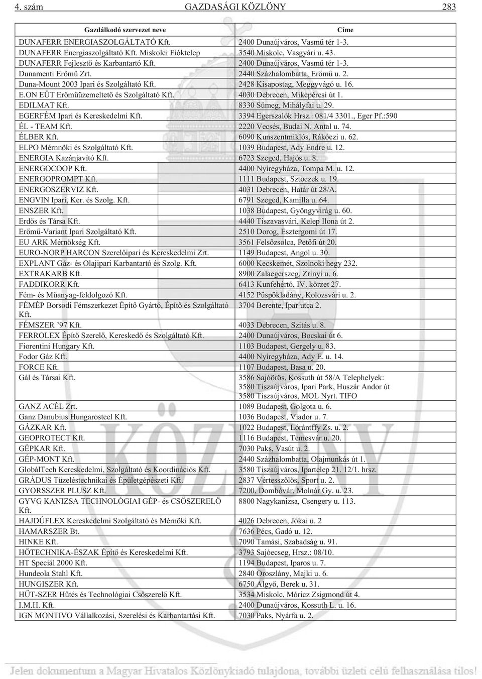 2428 Kisapostag, Meggyvágó u. 16. E.ON EÜT Erõmûüzemeltetõ és Szolgáltató Kft. 4030 Debrecen, Mikepércsi út 1. EDILMAT Kft. 8330 Sümeg, Mihályfai u. 29. EGERFÉM Ipari és Kereskedelmi Kft.