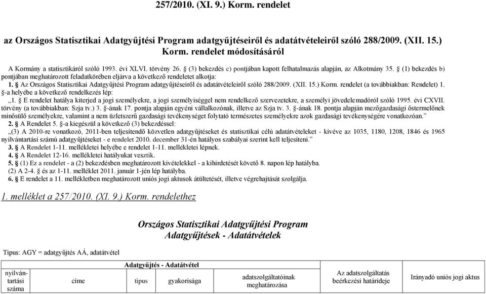 Az Országos Statisztikai Adatgyűjtési Program adatgyűjtéseiről és adatátvételeiről szóló 288/2009. (XII. 15.) Korm. rendelet (a továbbiakban: Rendelet) 1. -a helyébe a következő rendelkezés lép: 1.