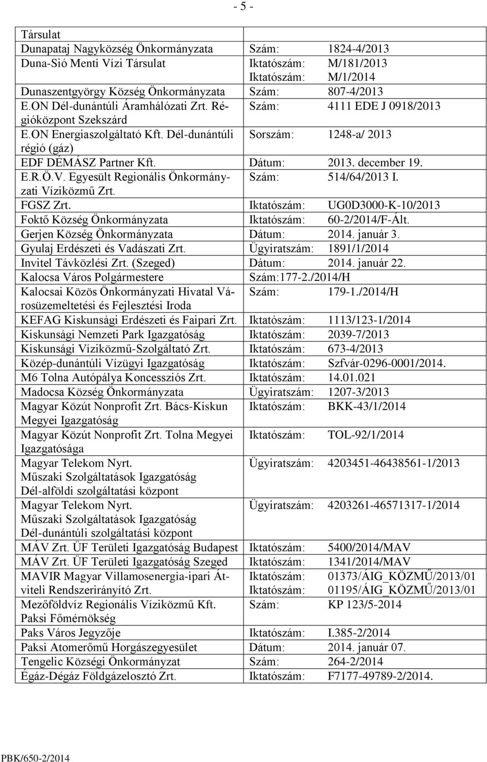 december 19. E.R.Ö.V. Egyesült Regionális Önkormányzati Szám: 514/64/2013 I. Víziközmű Zrt. FGSZ Zrt. Iktatószám: UG0D3000-K-10/2013 Foktő Község Önkormányzata Iktatószám: 60-2/2014/F-Ált.