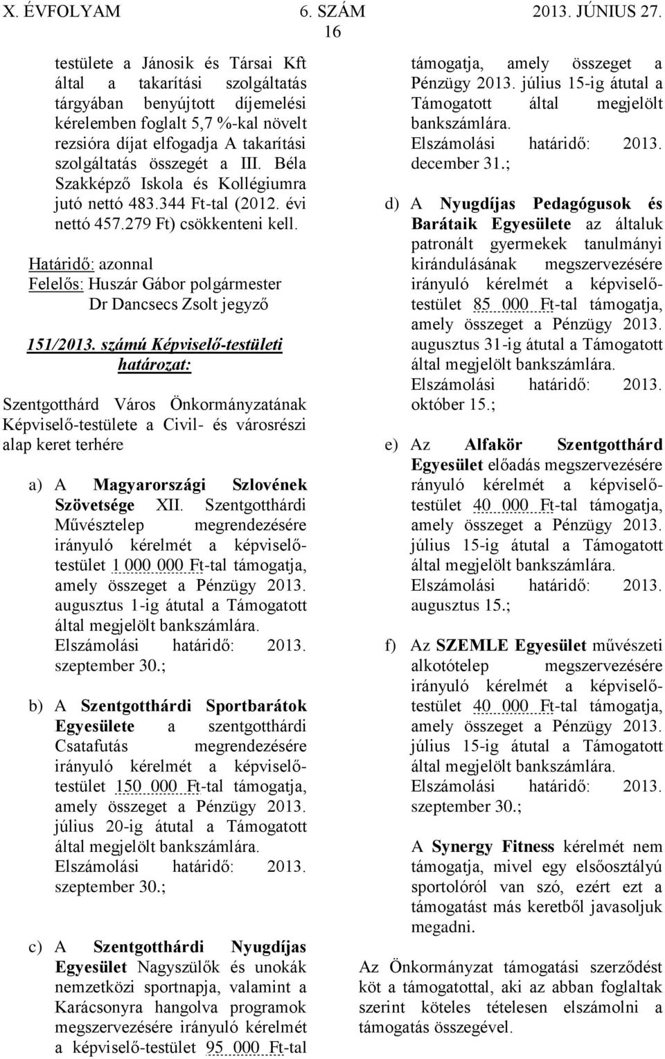 számú Képviselő-testületi Képviselő-testülete a Civil- és városrészi alap keret terhére a) A Magyarországi Szlovének Szövetsége XII.