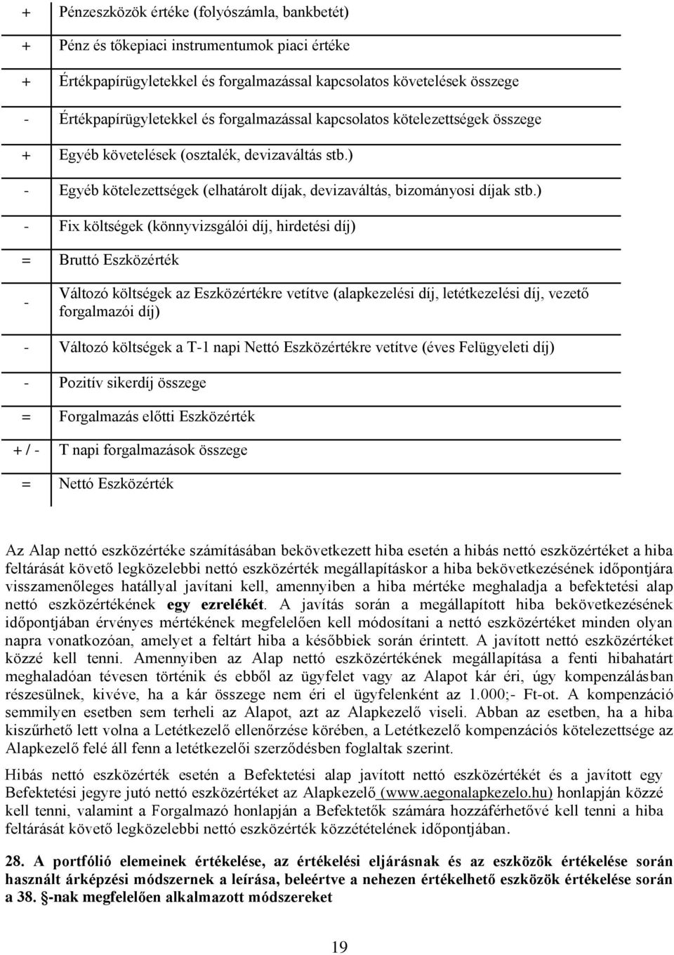 ) - Fix költségek (könnyvizsgálói díj, hirdetési díj) = Bruttó Eszközérték - Változó költségek az Eszközértékre vetítve (alapkezelési díj, letétkezelési díj, vezető forgalmazói díj) - Változó