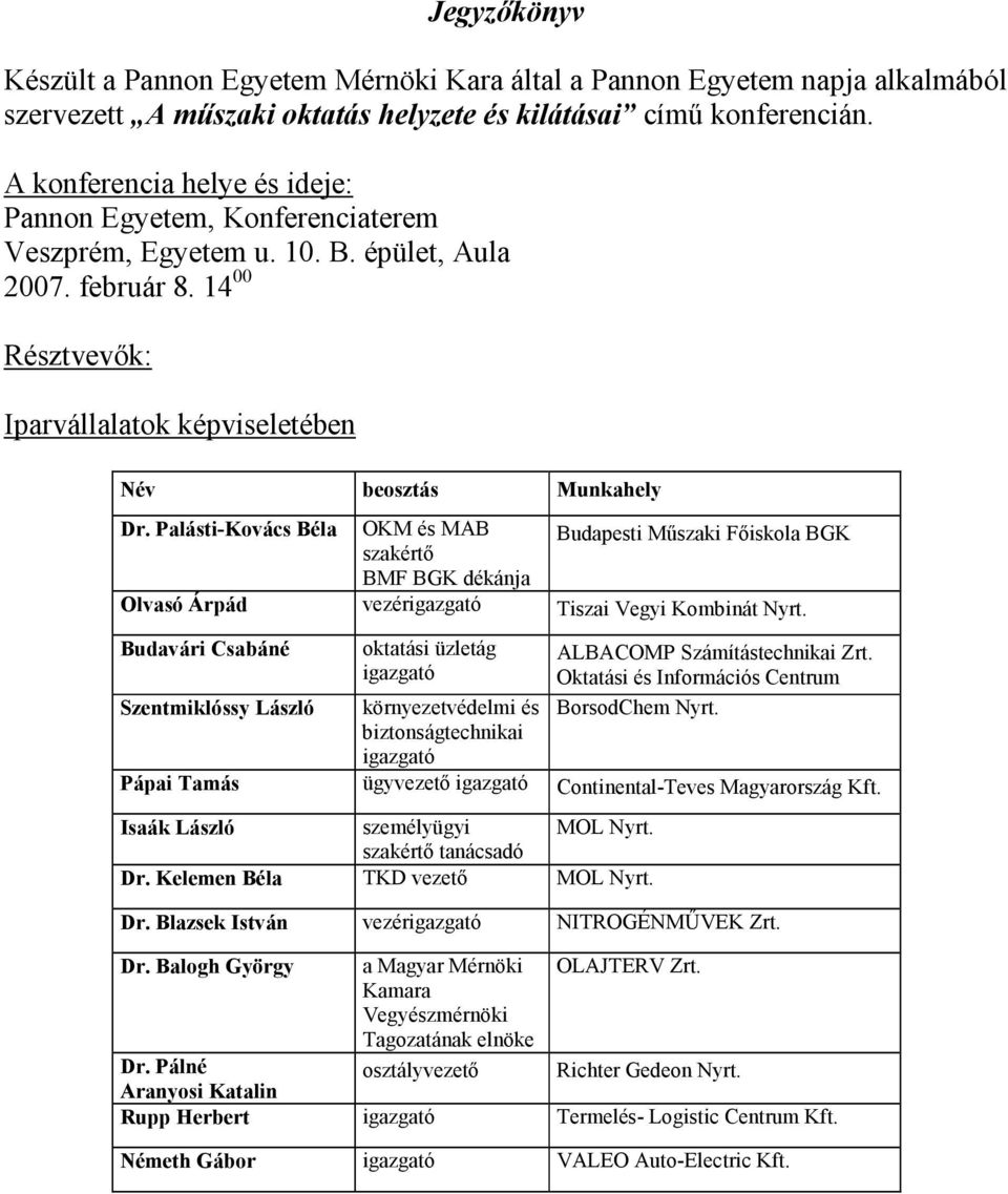 Palásti-Kovács Béla OKM és MAB szakértı Budapesti Mőszaki Fıiskola BGK BMF BGK dékánja Olvasó Árpád vezérigazgató Tiszai Vegyi Kombinát Nyrt.