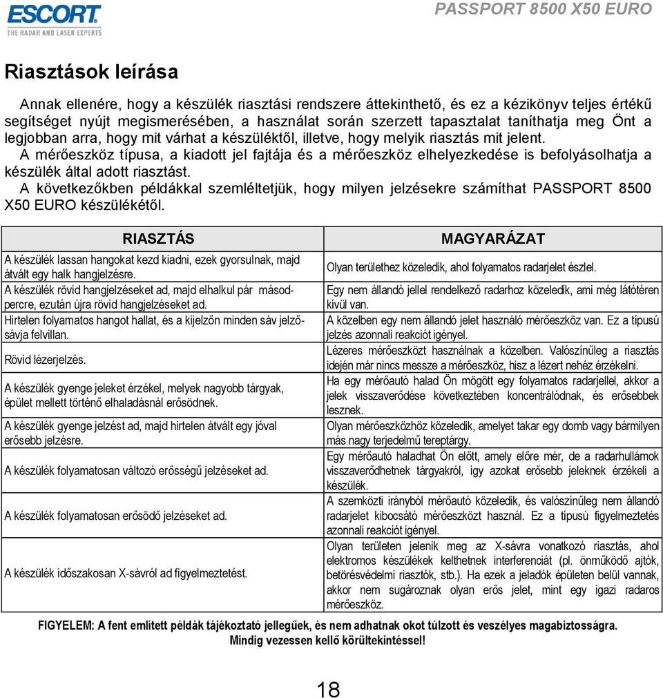 A mérőeszköz típusa, a kiadott jel fajtája és a mérőeszköz elhelyezkedése is befolyásolhatja a készülék által adott riasztást.