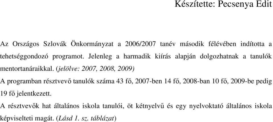 (jelölve: 2007, 2008, 2009) A programban résztvevı tanulók száma 43 fı, 2007-ben 14 fı, 2008-ban 10 fı, 2009-be pedig 19