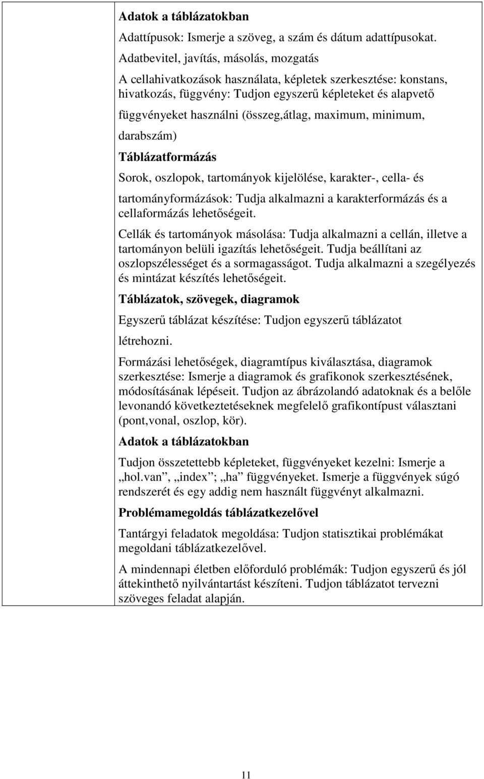 (összeg,átlag, maximum, minimum, darabszám) Táblázatformázás Sorok, oszlopok, tartományok kijelölése, karakter-, cella- és tartományformázások: Tudja alkalmazni a karakterformázás és a cellaformázás