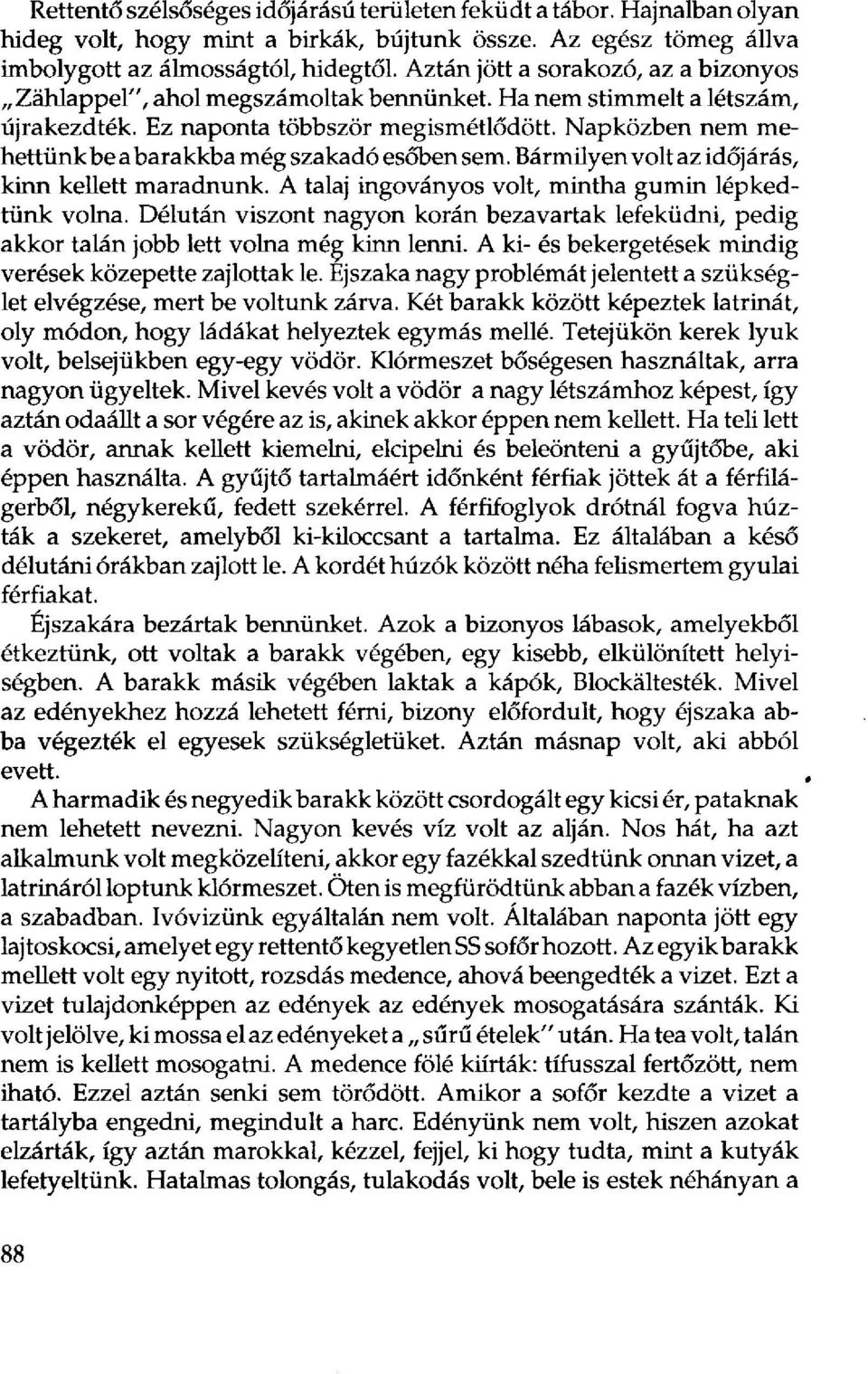 Napközben nem mehettünk be a barakkba még szakadó esőben sem. Bármüyen volt az időjárás, kinn kellett maradnunk. A talaj ingoványos volt, mintha gumin lépkedtünk volna.