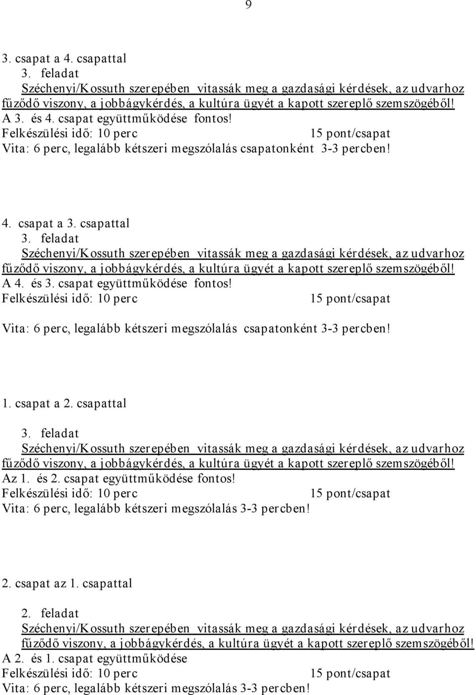 csapat együttműködése fontos! Felkészülési idő: 10 perc 15 pont/csapat Vita: 6 perc, legalább kétszeri megszólalás csapatonként 3 3 percben! 1. csapat a 2. csapattal 3.