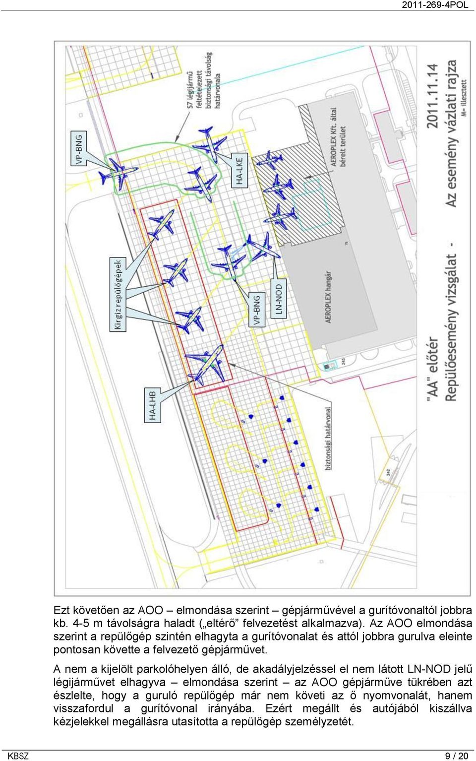 A nem a kijelölt parkolóhelyen álló, de akadályjelzéssel el nem látott LN-NOD jelű légijárművet elhagyva elmondása szerint az AOO gépjárműve tükrében azt észlelte,