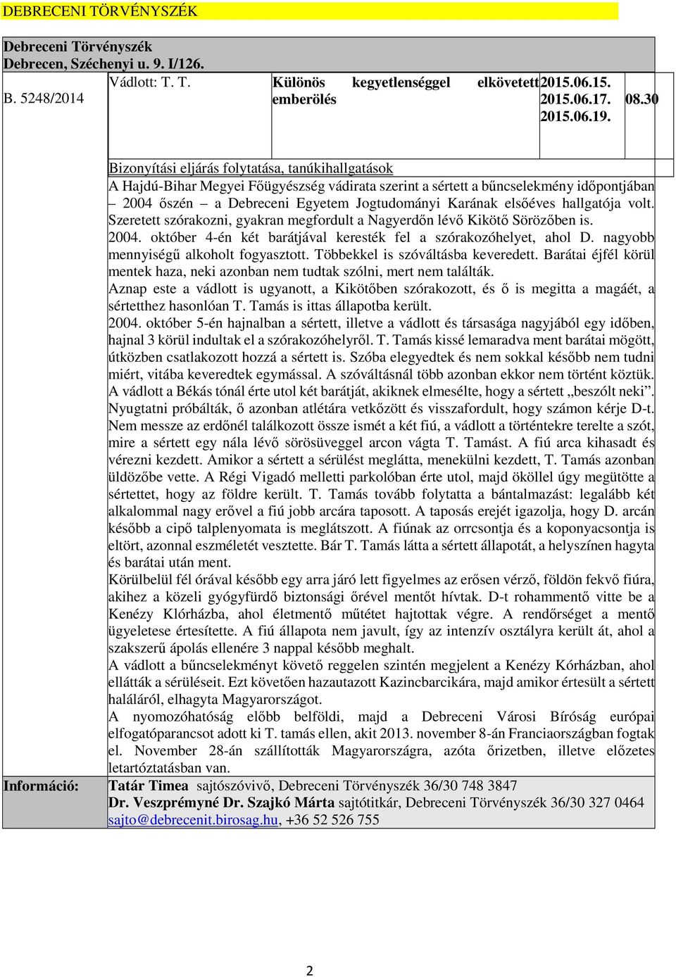 elsőéves hallgatója volt. Szeretett szórakozni, gyakran megfordult a Nagyerdőn lévő Kikötő Sörözőben is. 2004. október 4-én két barátjával keresték fel a szórakozóhelyet, ahol D.