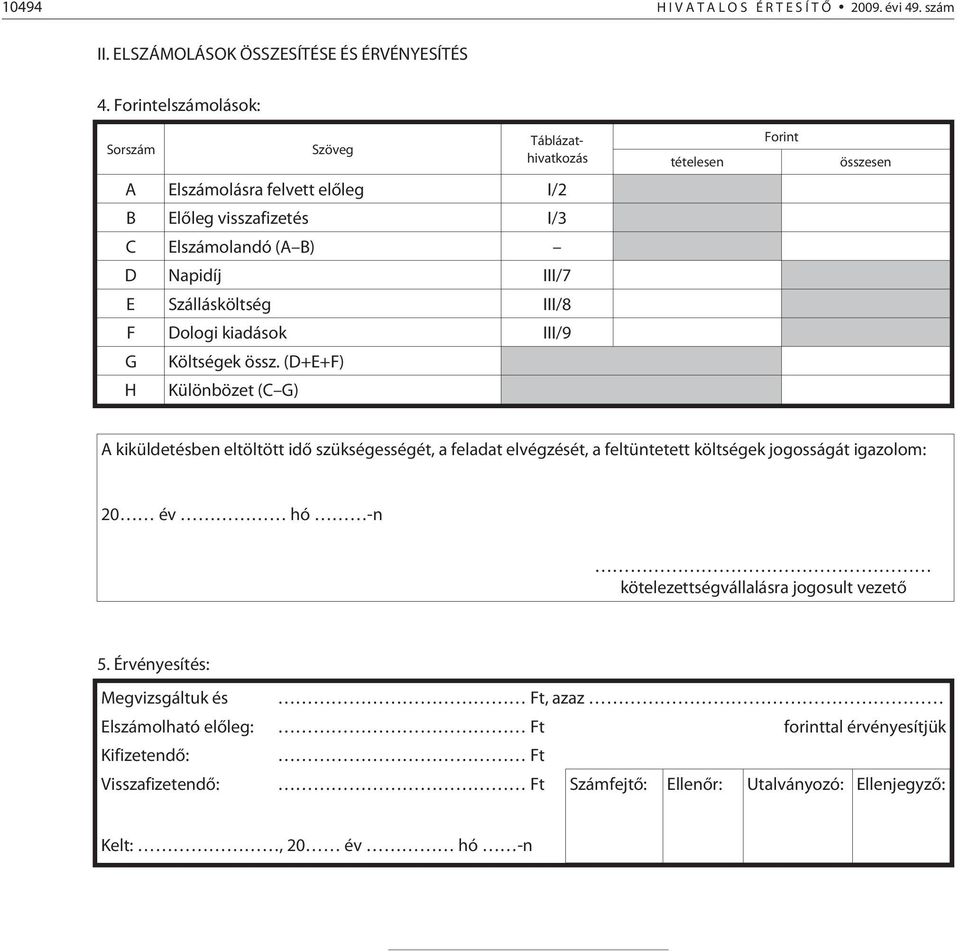 Szállásköltség III/8 F Dologi kiadások III/9 G H Költségek össz.