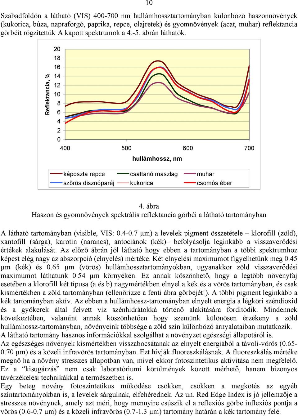 Reflektancia, % 20 18 16 14 12 10 8 6 4 2 0 400 500 600 700 hullámhossz, nm káposzta repce csattanó maszlag muhar szőrös disznóparéj kukorica csomós éber 4.