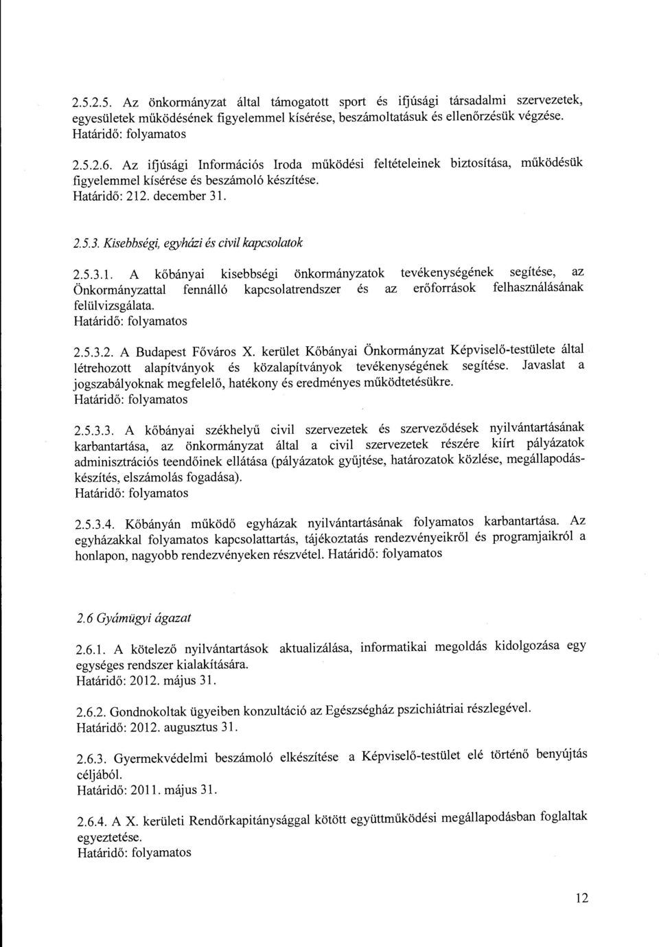 5.3.l. A kőbányai kisebbségi önkormányzatok tevékenységének segítése, az Önkormányzattal fennálló kapcsolatrendszer és az erőforrások felhasználásának felülvizsgálata. 2.5.3.2. A Budapest Főváros X.