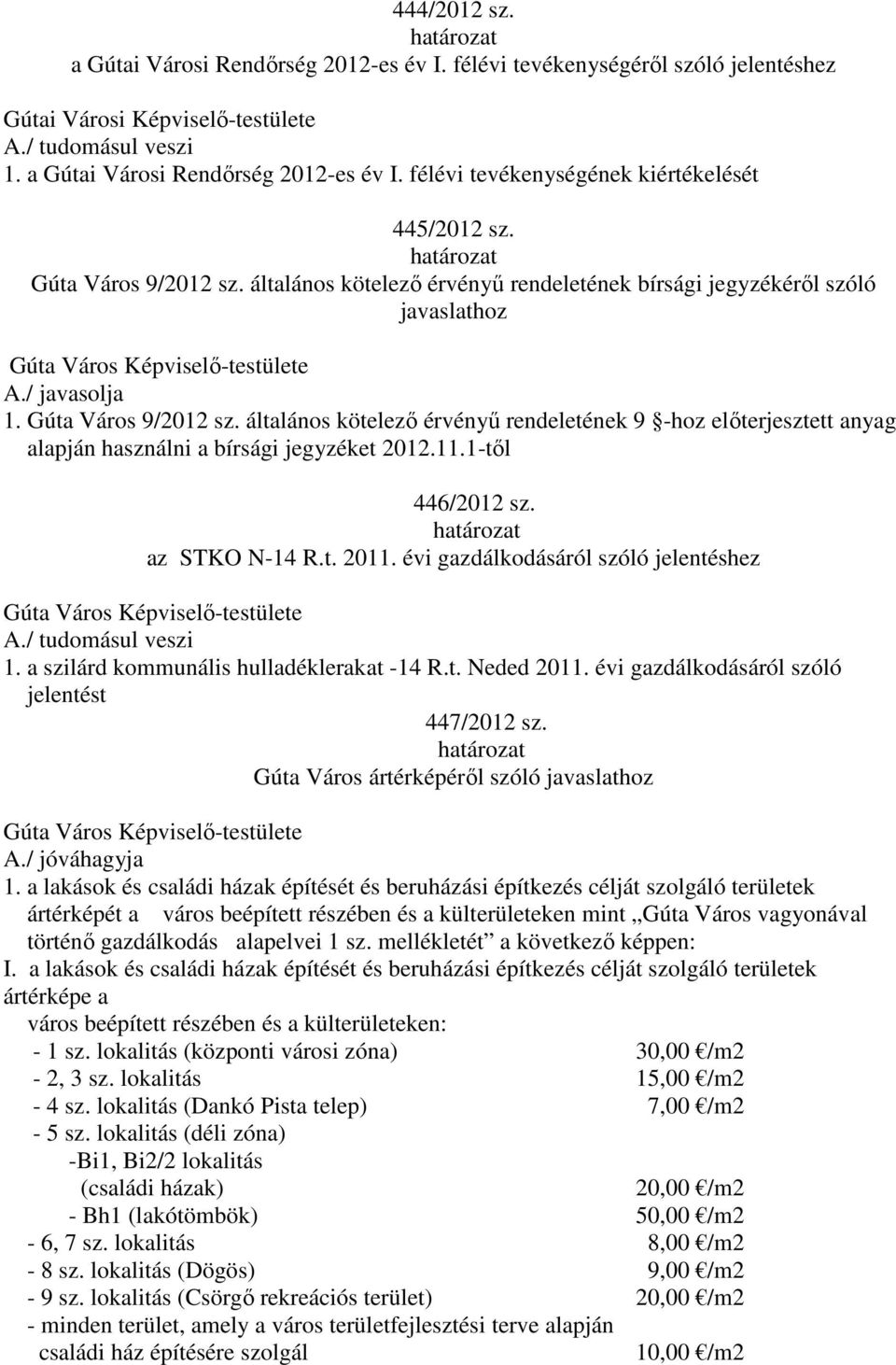 általános kötelező érvényű rendeletének 9 -hoz előterjesztett anyag alapján használni a bírsági jegyzéket 2012.11.1-től 446/2012 sz. az STKO N-14 R.t. 2011. évi gazdálkodásáról szóló jelentéshez 1.