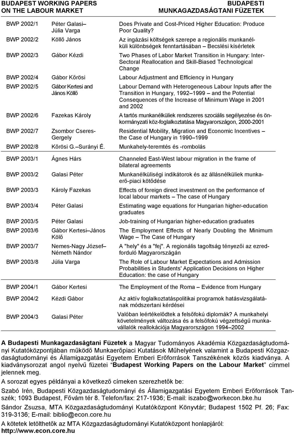 Inter- Sectoral Reallocation and Skill-Biased Technological Change BWP 2002/4 Gábor Kőrösi Labour Adjustment and Efficiency in Hungary BWP 2002/5 Gábor Kertesi and János Köllő Labour Demand with