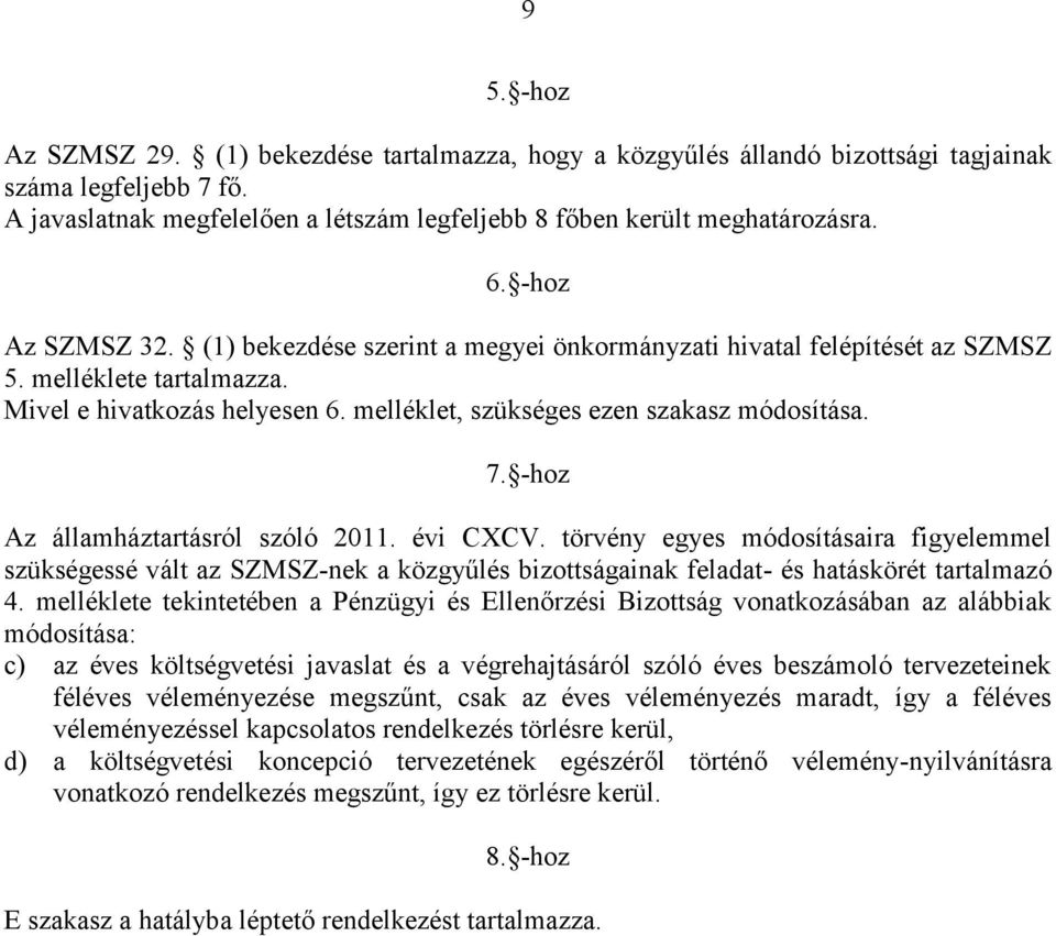 -hoz Az államháztartásról szóló 2011. évi CXCV. törvény egyes módosításaira figyelemmel szükségessé vált az SZMSZ-nek a közgyűlés bizottságainak feladat- és hatáskörét tartalmazó 4.