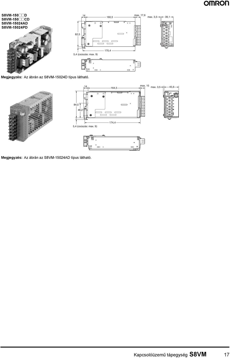 9) 170,4 Megjegyzés: Az ábrán az S8VM-15024D típus látható. 14 164,5 max.