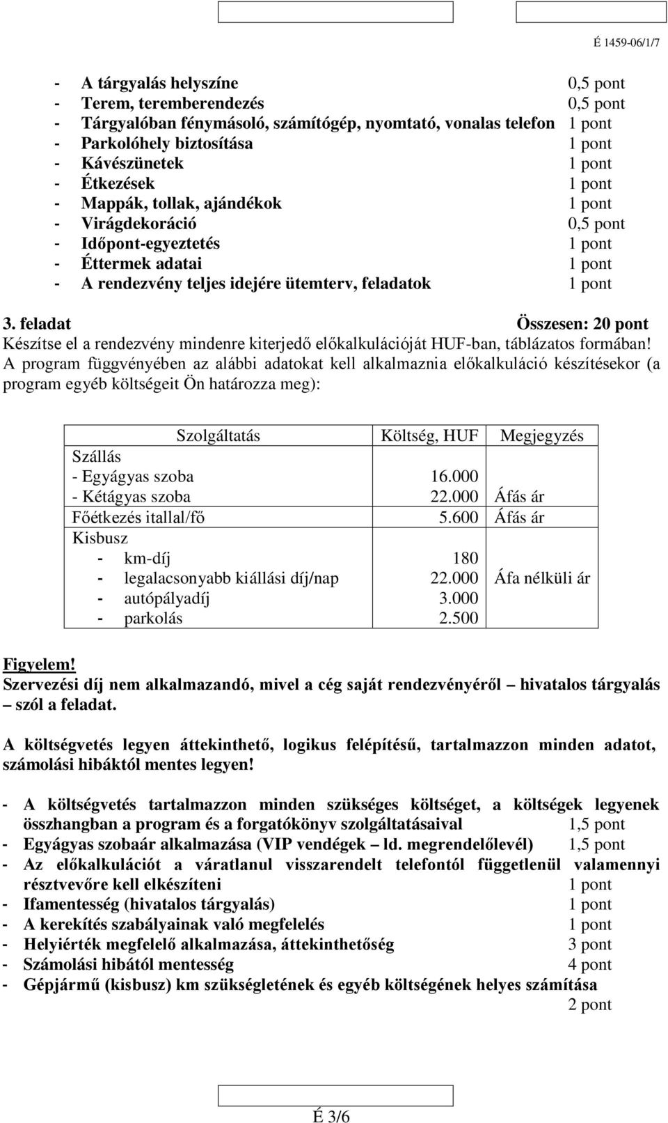 feladat Összesen: 20 pont Készítse el a rendezvény mindenre kiterjedő előkalkulációját HUF-ban, táblázatos formában!