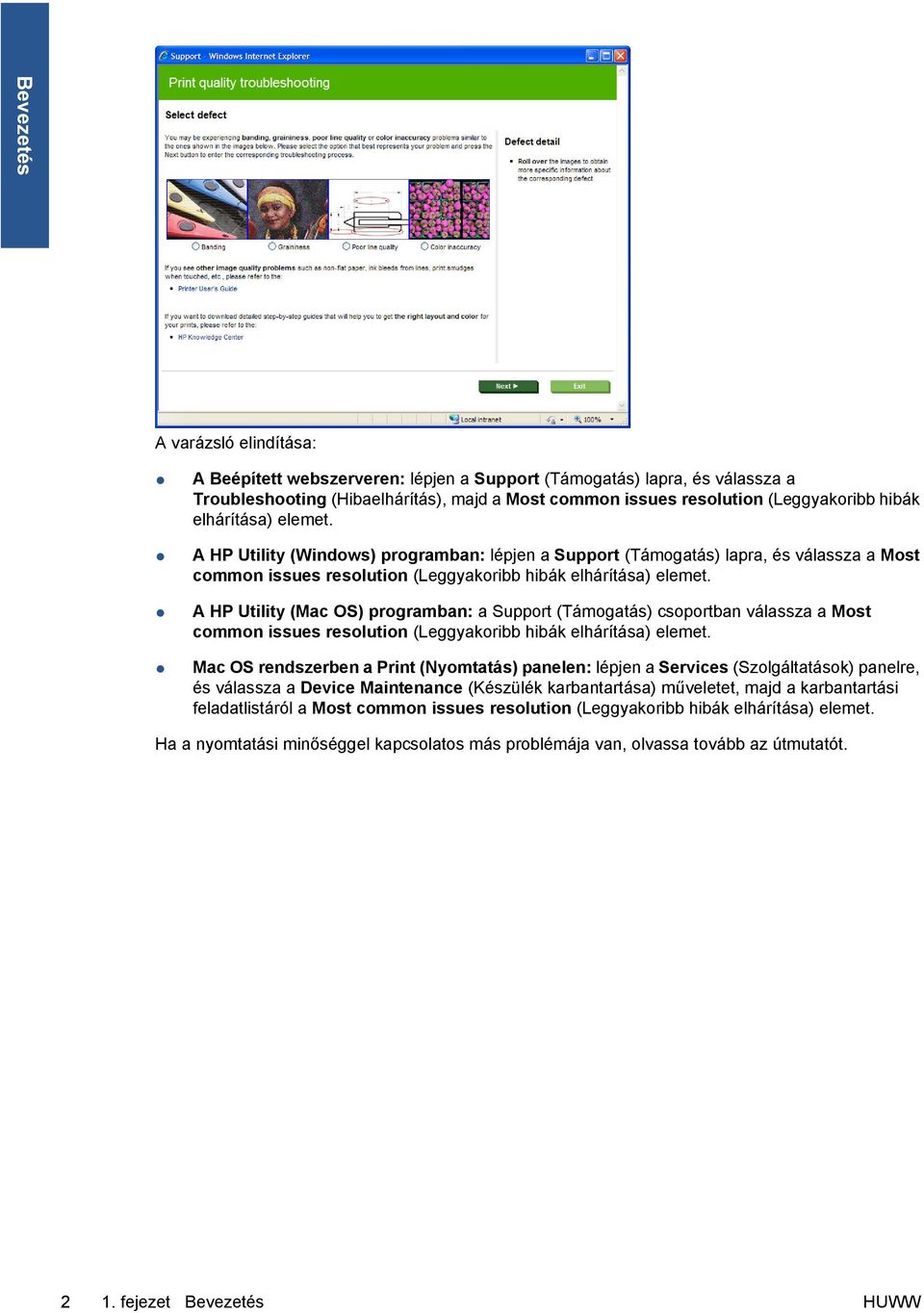 A HP Utility (Mac OS) programban: a Support (Támogatás) csoportban válassza a Most common issues resolution (Leggyakoribb hibák elhárítása) elemet.