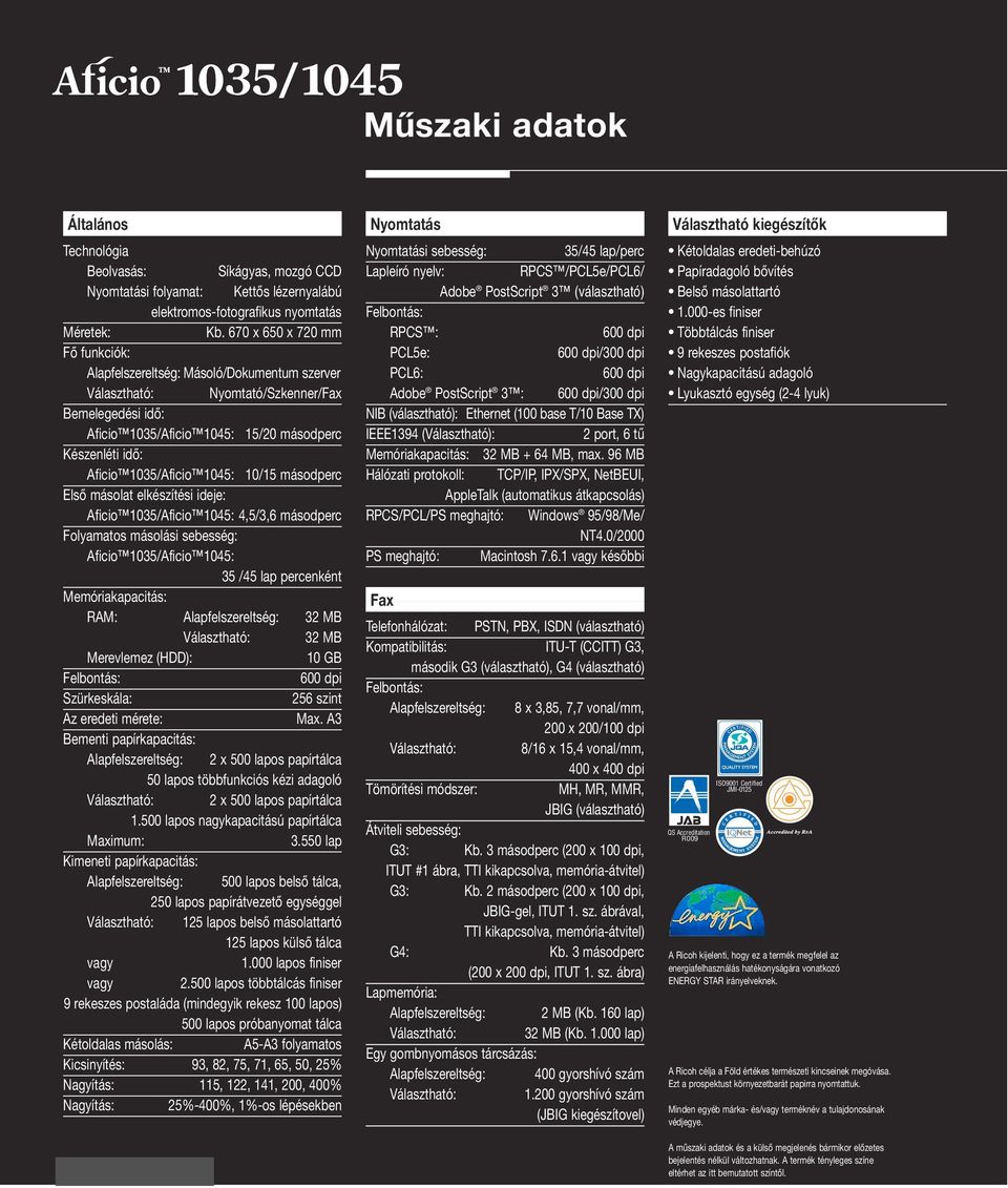 1035/Aficio 1045: 10/15 másodperc Első másolat elkészítési ideje: Aficio 1035/Aficio 1045: 4,5/3,6 másodperc Folyamatos másolási sebesség: Aficio 1035/Aficio 1045: 35 /45 lap percenként