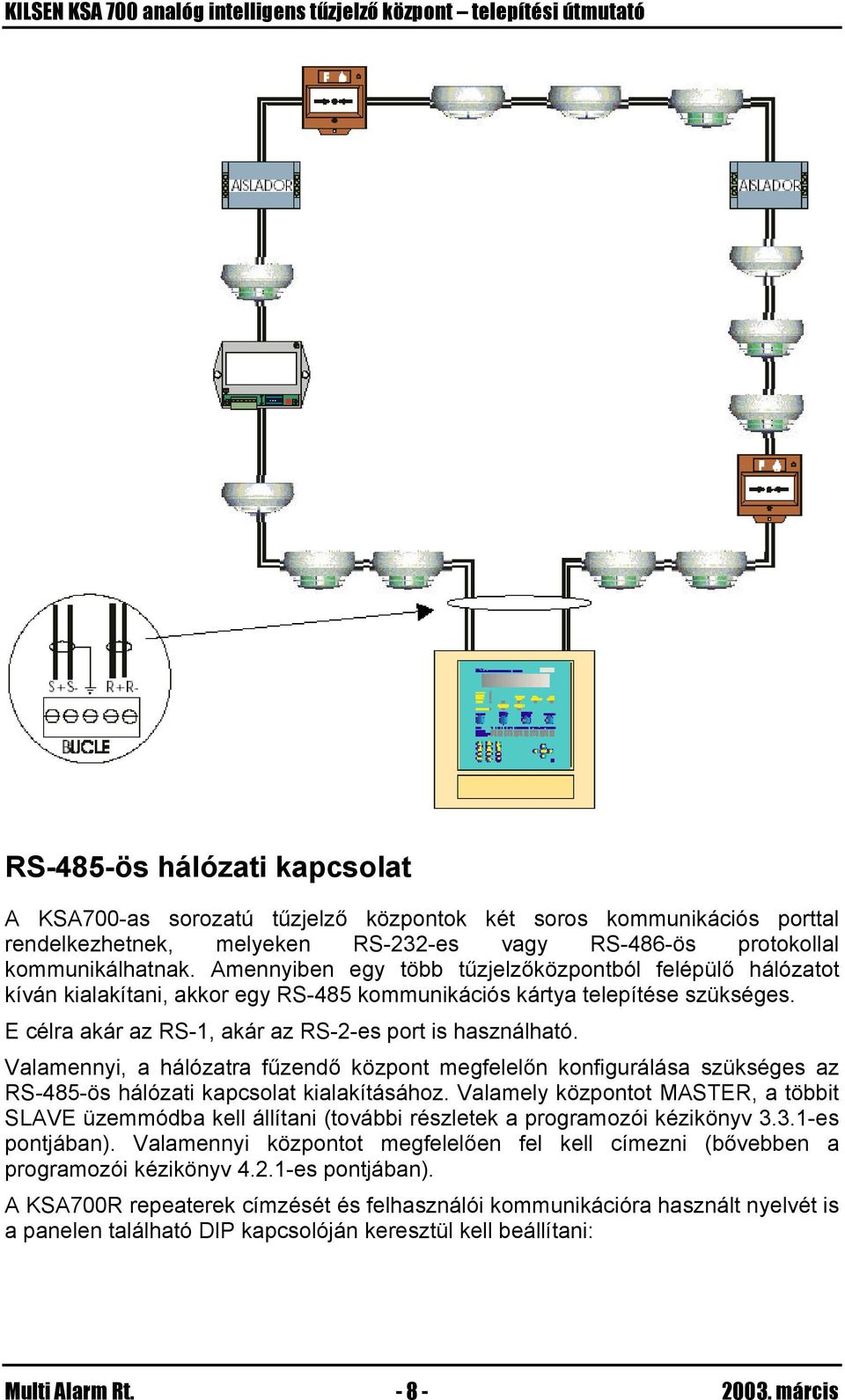 Valamennyi, a hálózatra fűzendő központ megfelelőn konfigurálása szükséges az RS-485-ös hálózati kapcsolat kialakításához.