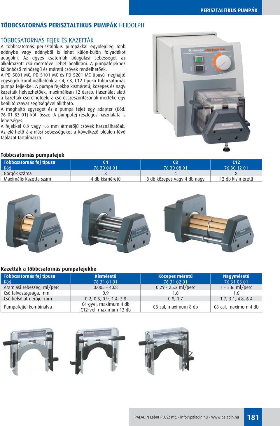 A PD 1 MC, PD 5101 MC és PD 5201 MC típusú meghajtó egységek kombinálhatóak a C4, C8, C12 típusú többcsatornás pumpa fejjekkel.