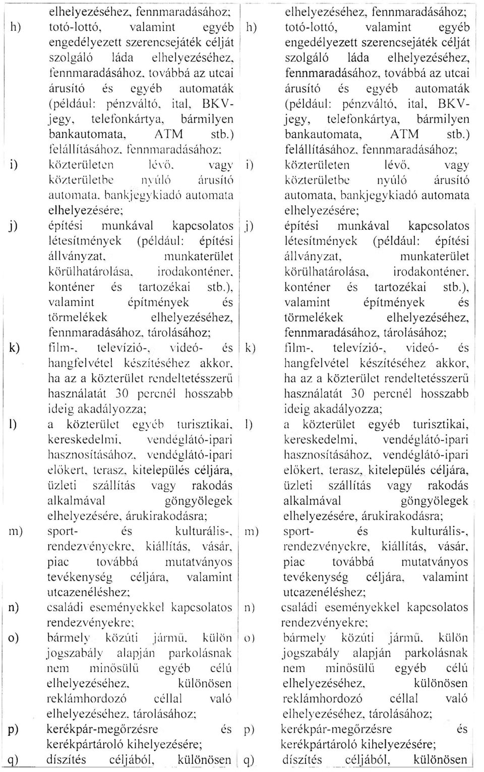 vagy közterületbe nyúló árusító automata, bankjegykiadó automata elhelyezésére; j) építési munkával kapcsolatos létesítmények (például: építési állványzat. munkateriilet körülhatárolása.