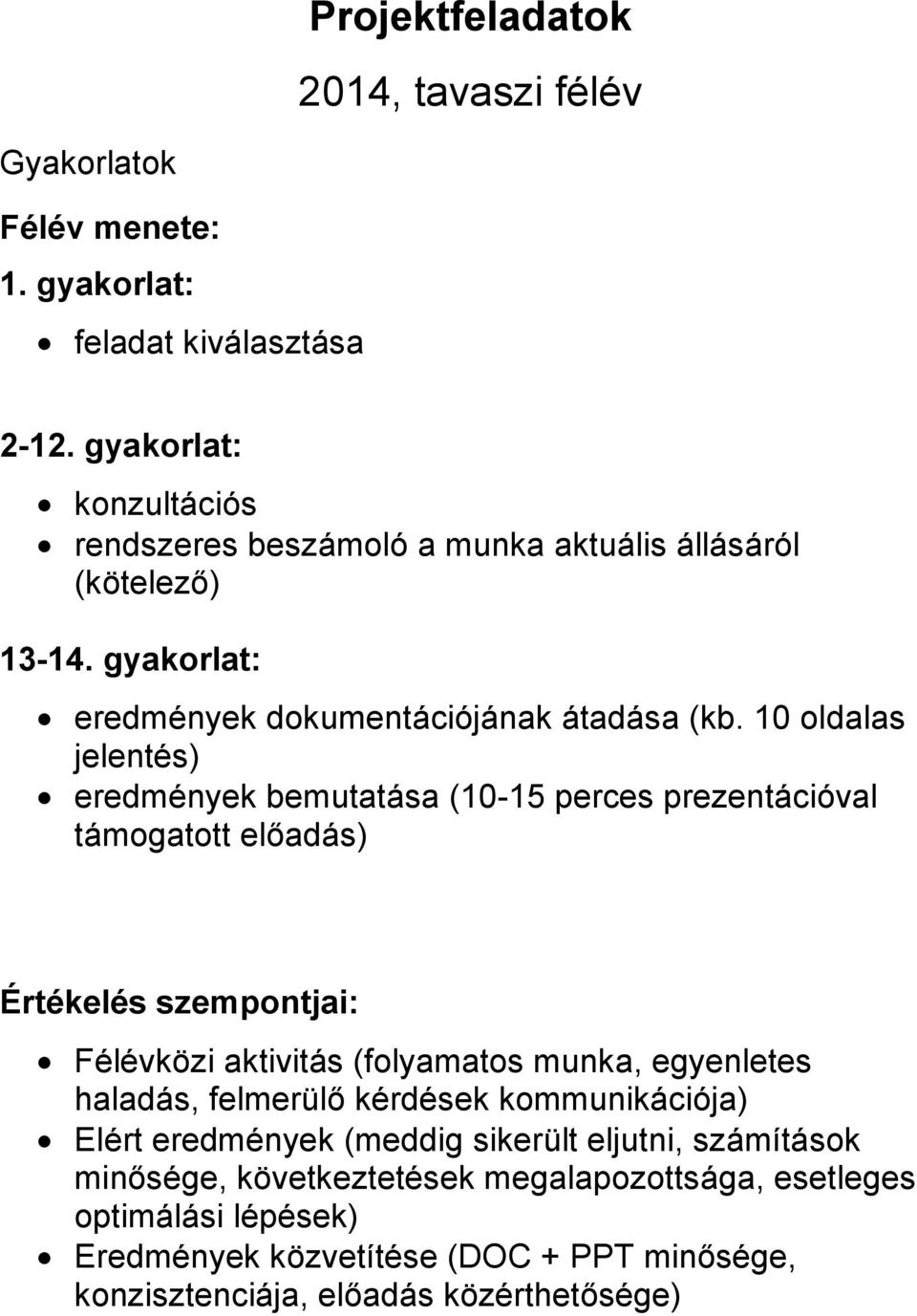 10 oldalas jelentés) eredmények bemutatása (10-15 perces prezentációval támogatott előadás) Értékelés szempontjai: Félévközi aktivitás (folyamatos munka, egyenletes