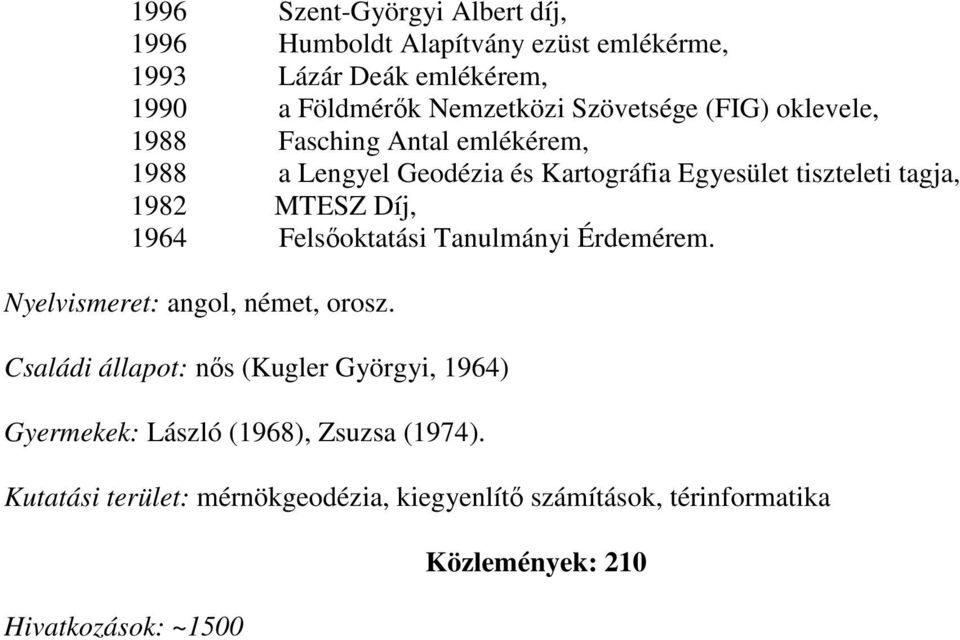MTESZ Díj, 1964 Felsıoktatási Tanulmányi Érdemérem. Nyelvismeret: angol, német, orosz.