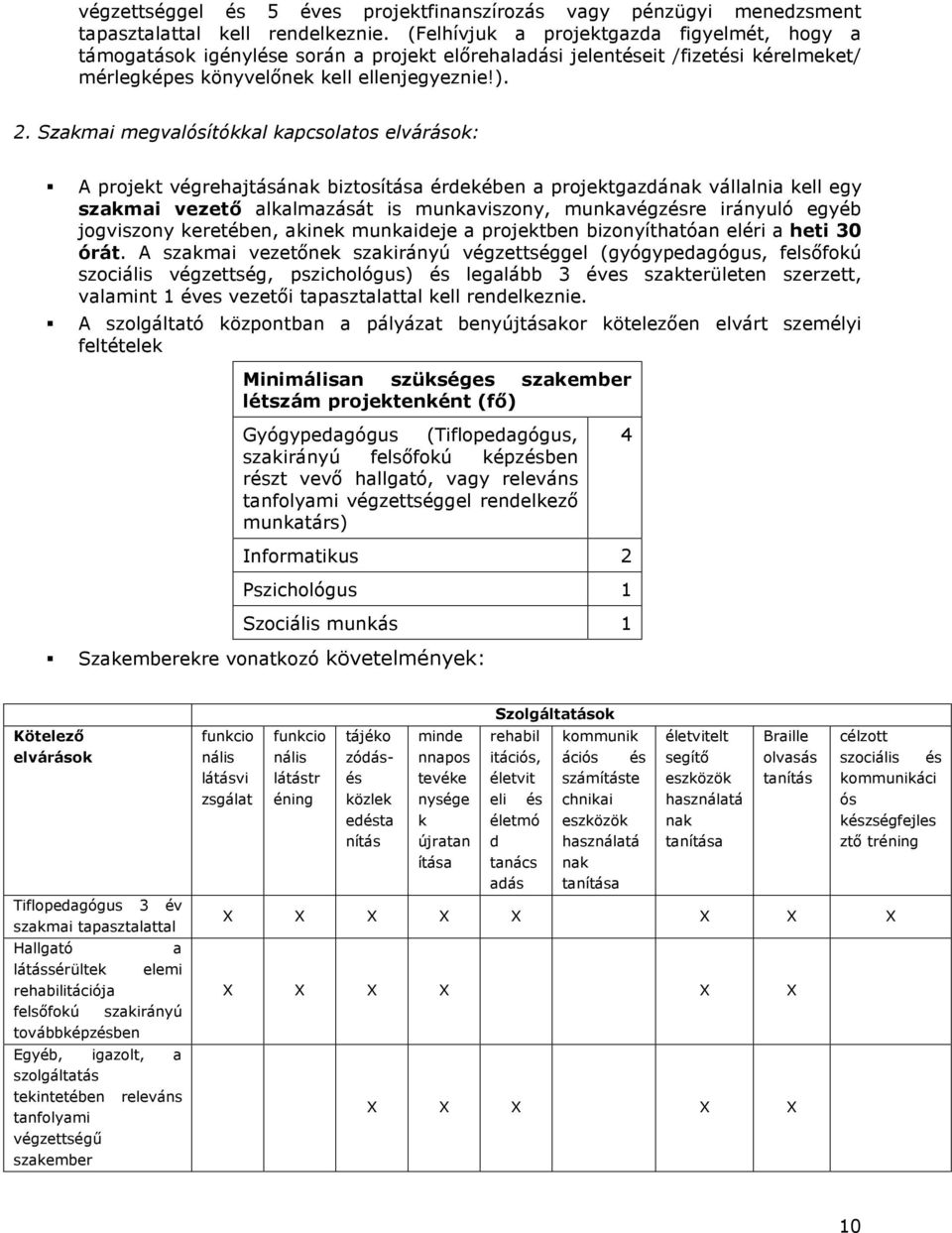 Szakmai megvalósítókkal kapcsolatos elvárások: A projekt végrehajtásának biztosítása érdekében a projektgazdának vállalnia kell egy szakmai vezetı alkalmazását is munkaviszony, munkavégzésre irányuló