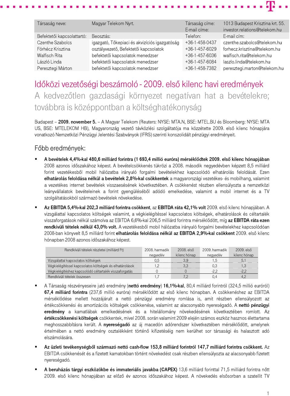 hu Förhécz Krisztina osztályvezető, Befektetői kapcsolatok +36-1-457-6029 forhecz.krisztina@telekom.hu Walfisch Rita befektetői kapcsolatok menedzser +36-1-457-6036 walfisch.rita@telekom.