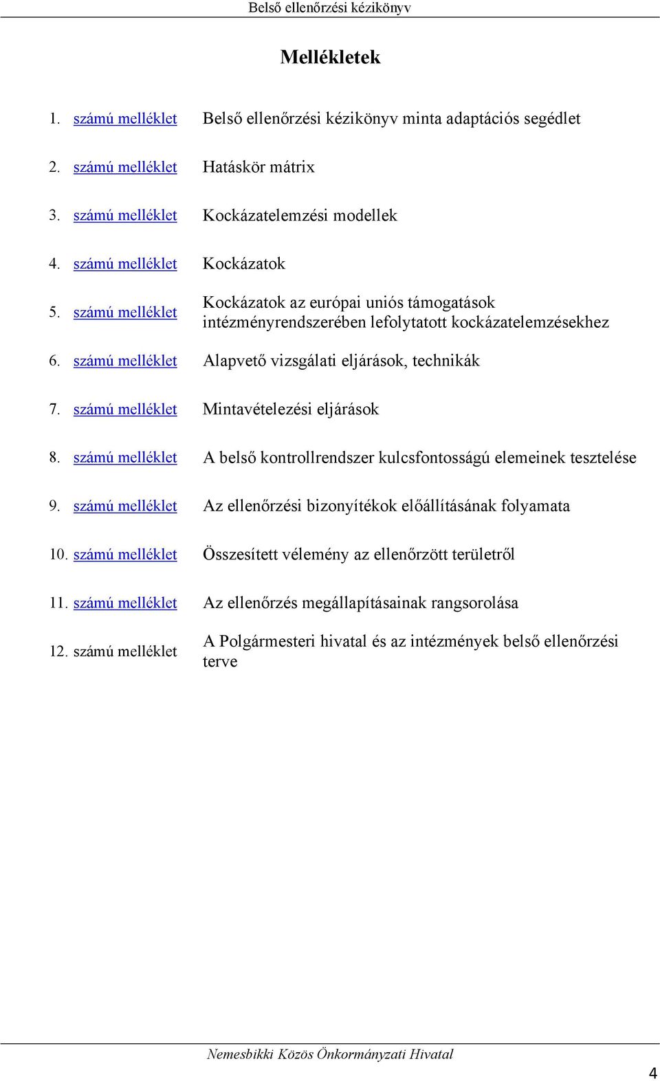 számú melléklet Mintavételezési eljárások 8. számú melléklet A belső kontrollrendszer kulcsfontosságú elemeinek tesztelése 9.