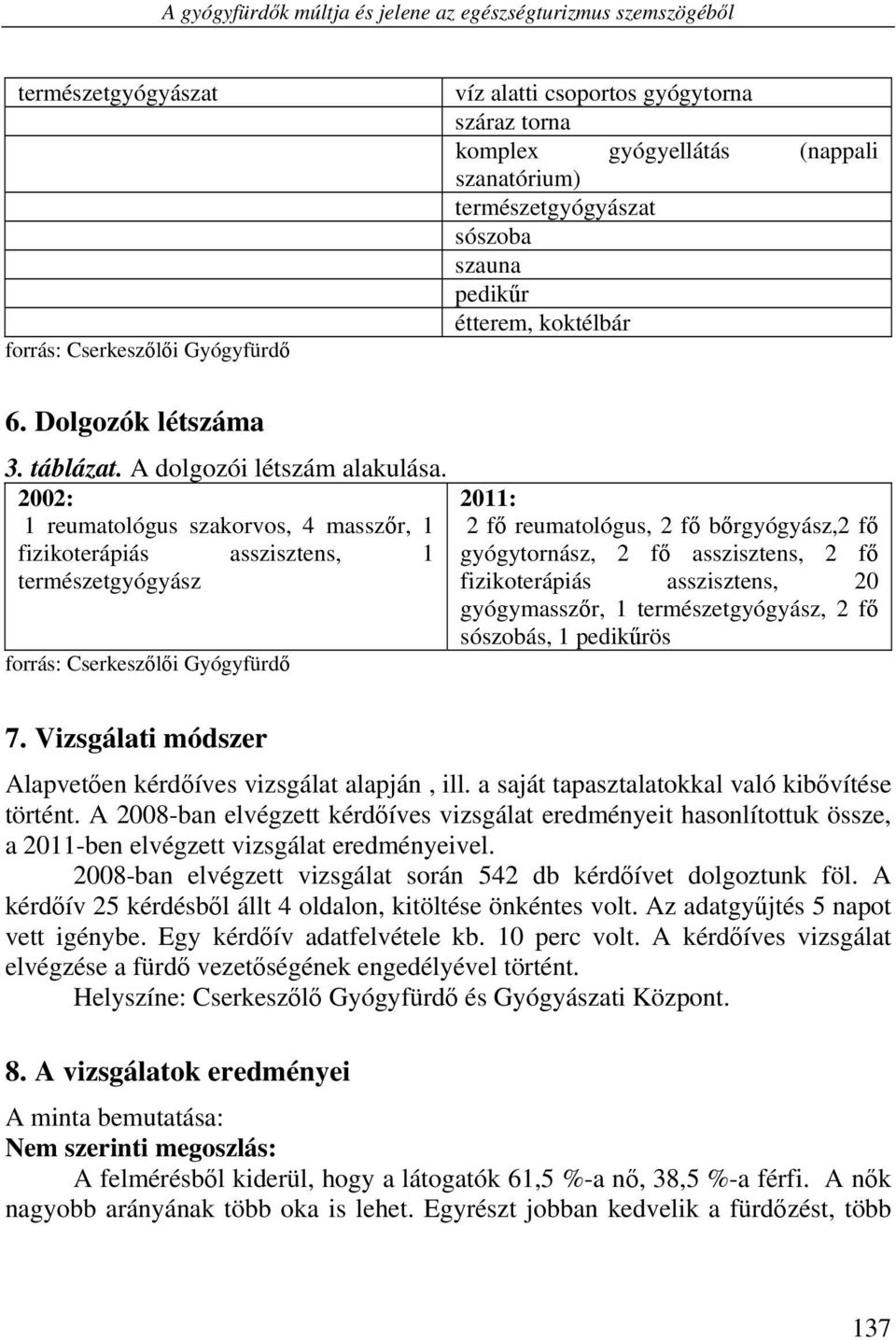 2002: 1 reumatológus szakorvos, 4 masszőr, 1 fizikoterápiás asszisztens, 1 természetgyógyász forrás: Cserkeszőlői Gyógyfürdő 7.