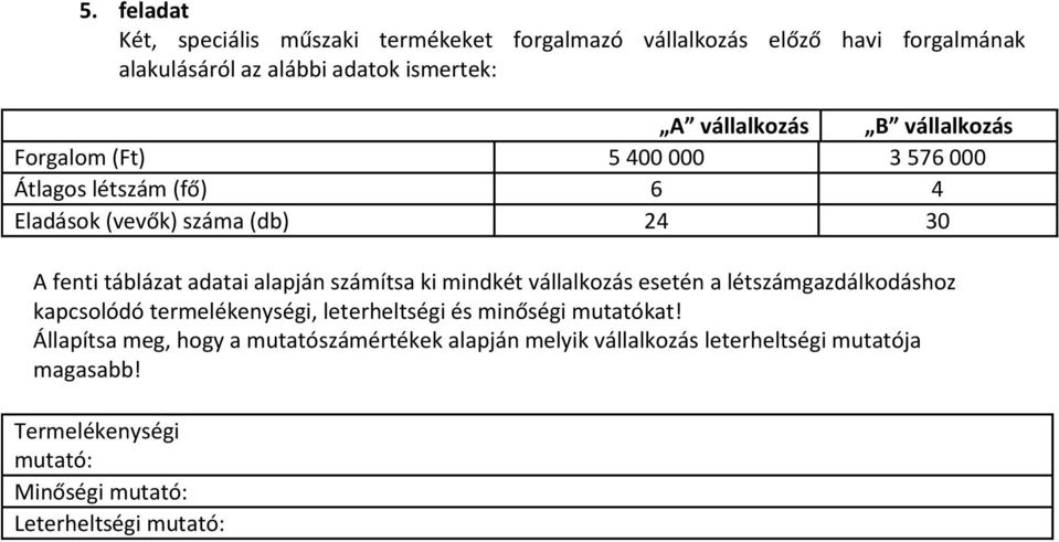 alapján számítsa ki mindkét vállalkozás esetén a létszámgazdálkodáshoz kapcsolódó termelékenységi, leterheltségi és minőségi mutatókat!