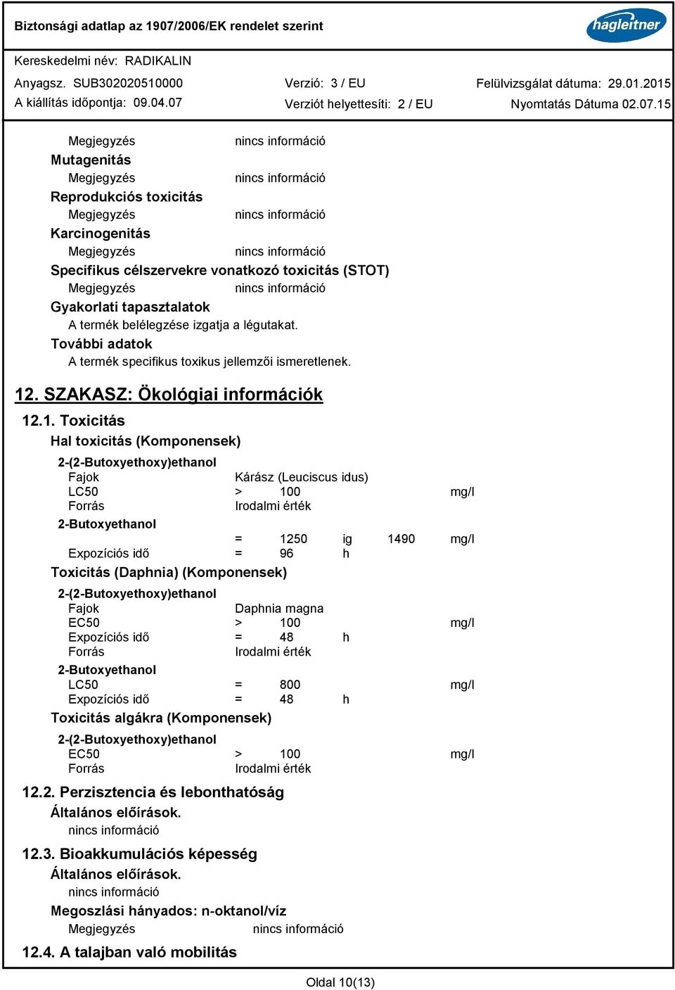 . SZAKASZ: Ökológiai információk 12