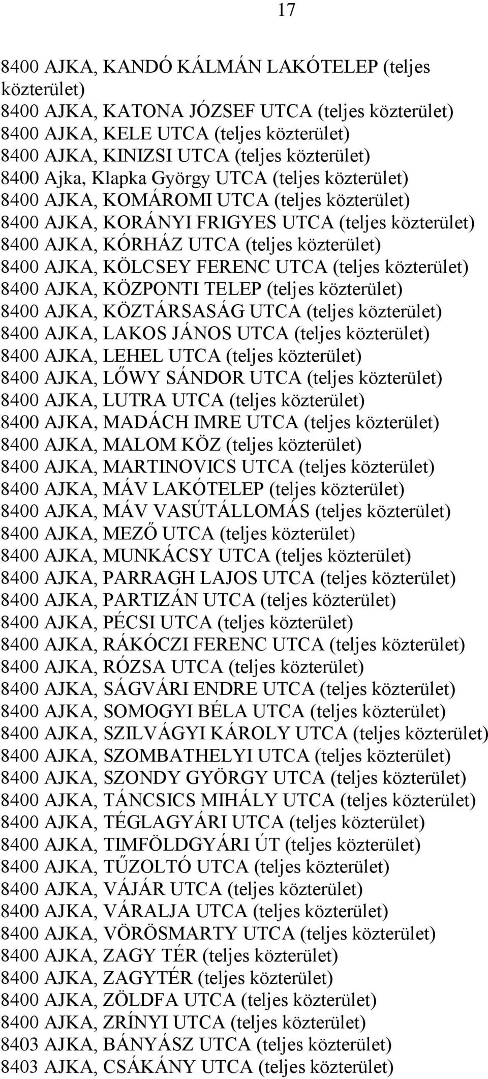 KÖLCSEY FERENC UTCA (teljes közterület) 8400 AJKA, KÖZPONTI TELEP (teljes közterület) 8400 AJKA, KÖZTÁRSASÁG UTCA (teljes közterület) 8400 AJKA, LAKOS JÁNOS UTCA (teljes közterület) 8400 AJKA, LEHEL