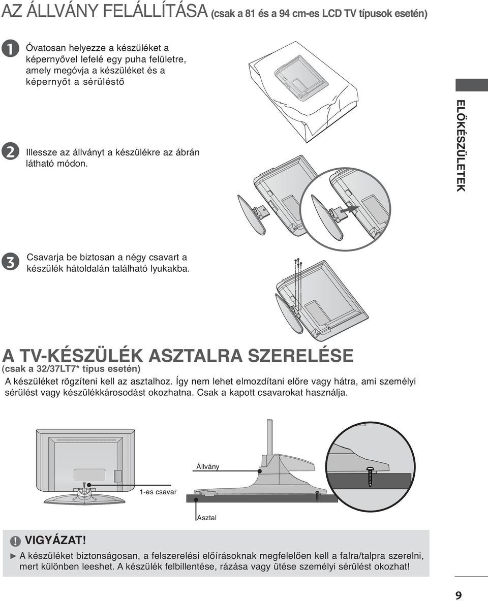 A TV-KÉSZÜLÉK ASZTALRA SZERELÉSE (csak a /7LT7* típus esetén) A készüléket rögzíteni kell az asztalhoz.