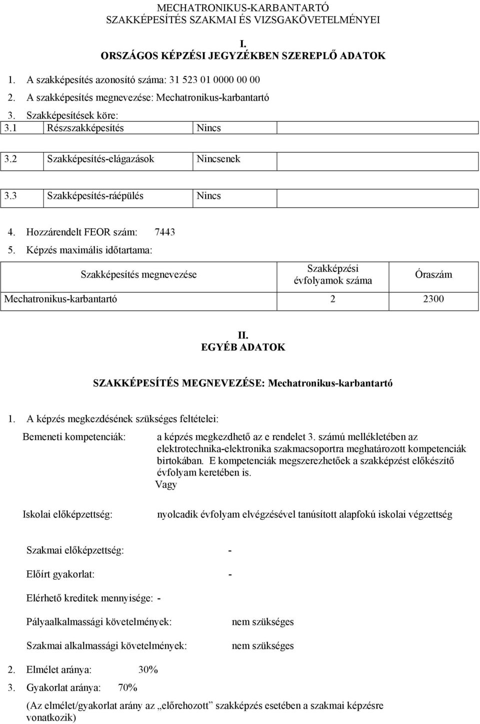 Hozzárendelt FEOR szám: 7443 5. Képzés maximális időtartama: Szakképesítés megnevezése Szakképzési évfolyamok száma Óraszám Mechatronikus-karbantartó 2 2300 II.