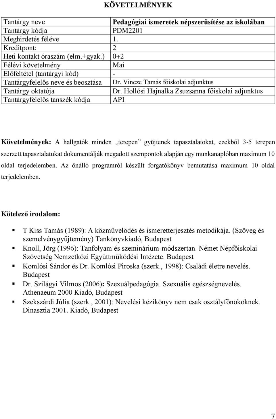 Hollósi Hajnalka Zsuzsanna főiskolai adjunktus Tantárgyfelelős tanszék kódja API Követelmények: A hallgatók minden terepen gyűjtenek tapasztalatokat, ezekből 3-5 terepen szerzett tapasztalatukat