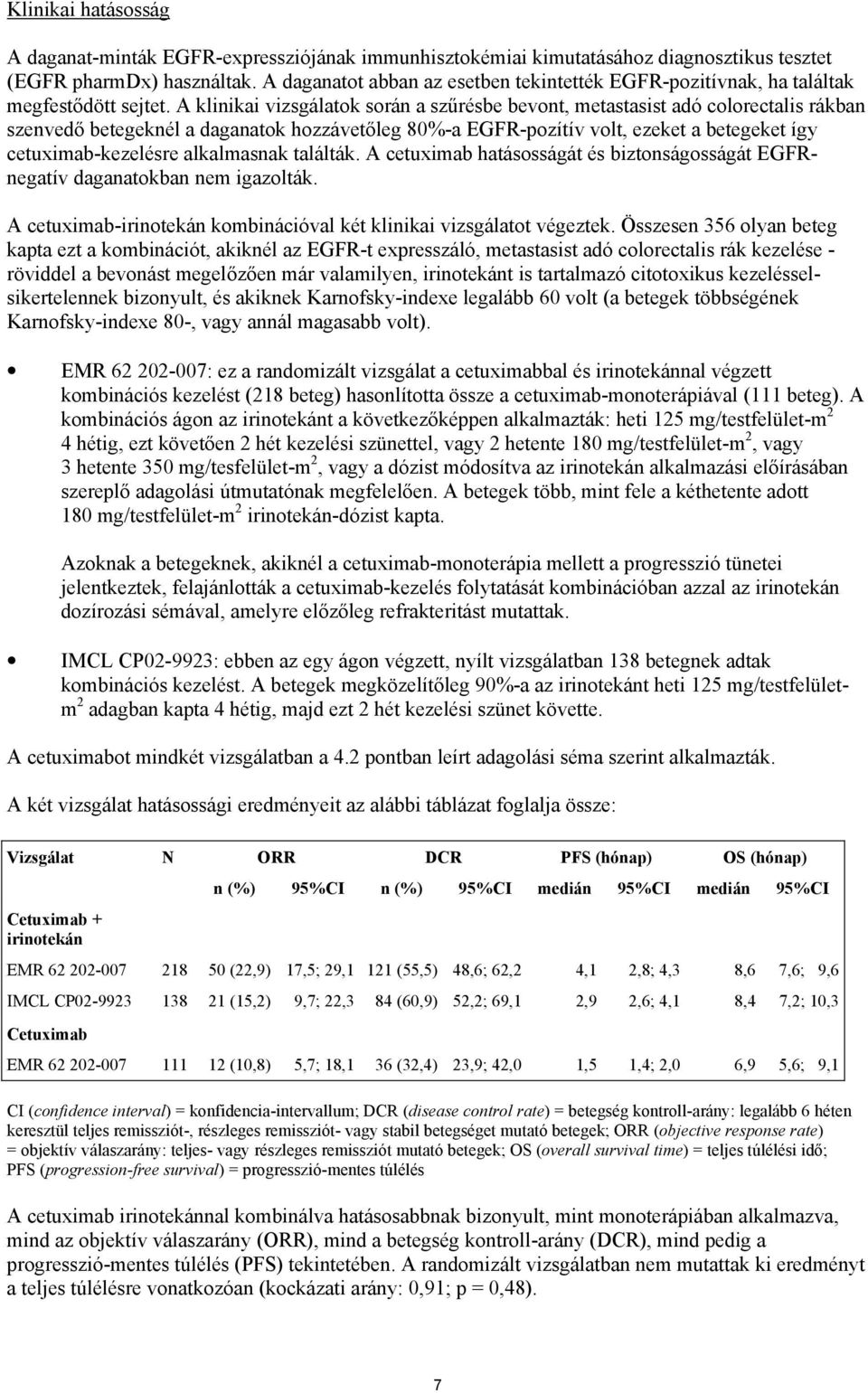 A klinikai vizsgálatok során a szűrésbe bevont, metastasist adó colorectalis rákban szenvedő betegeknél a daganatok hozzávetőleg 80%-a EGFR-pozítív volt, ezeket a betegeket így cetuximab-kezelésre