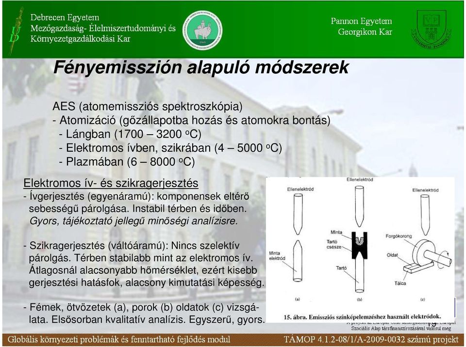 Gyors, tájékoztató jellegő minıségi analízisre. - Szikragerjesztés (váltóáramú): Nincs szelektív párolgás. Térben stabilabb mint az elektromos ív.