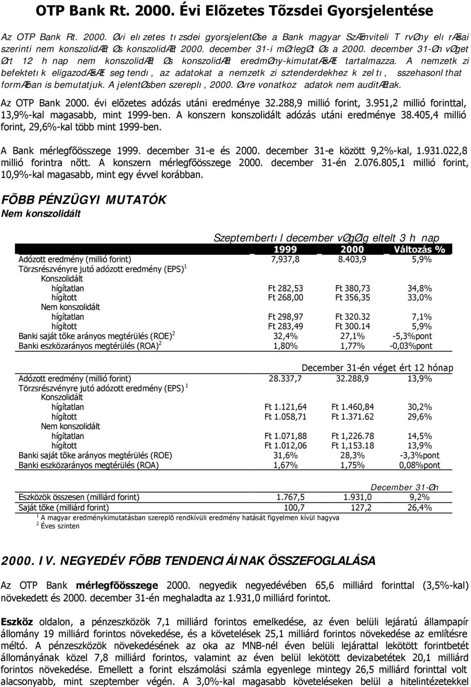 A nemzetk zi befektetık eligazodæsæt seg tendı, az adatokat a nemzetk zi sztenderdekhez k zel tı, sszehasonl that formæban is bemutatjuk. A jelentøsben szereplı, 2000.