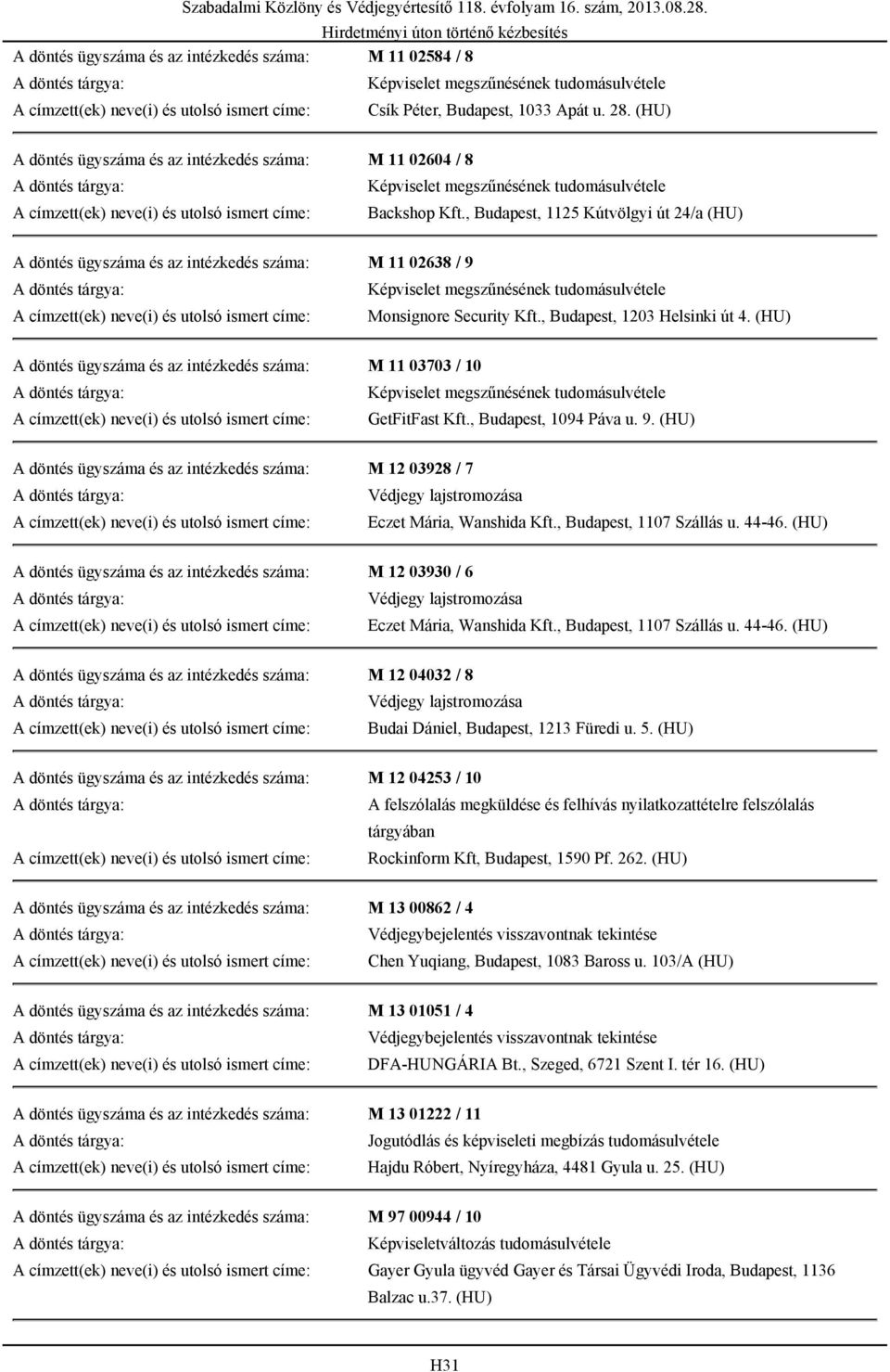 , Budapest, 1125 Kútvölgyi út 24/a (HU) A döntés ügyszáma és az intézkedés száma: M 11 02638 / 9 A címzett(ek) neve(i) és utolsó ismert címe: Monsignore Security Kft., Budapest, 1203 Helsinki út 4.