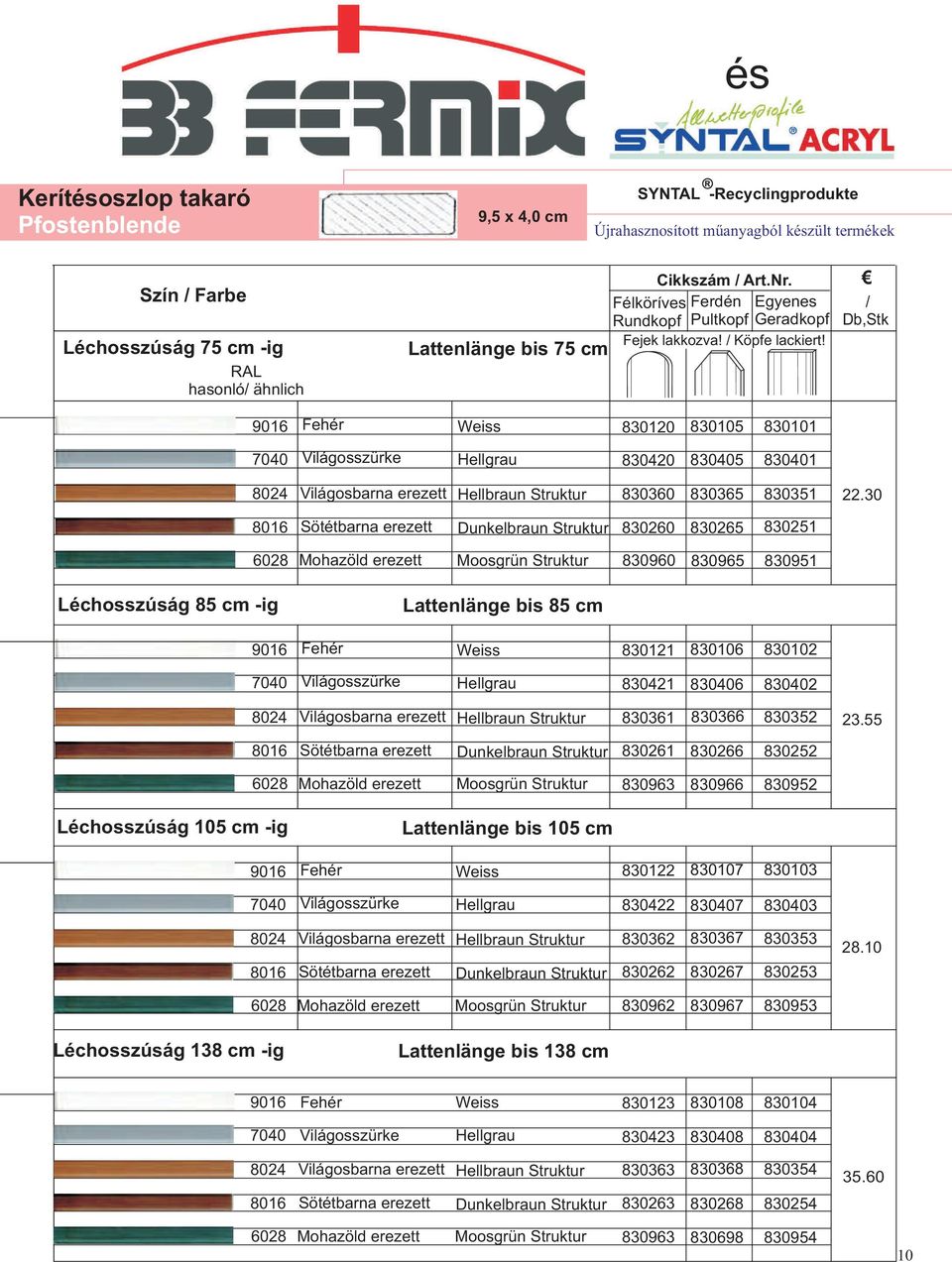 7040 830120 830105 830101 Világosszürke Hellgrau 830420 830405 830401 8024 Világosbarna erezett Hellbraun Struktur 830360 830365 830351 22.