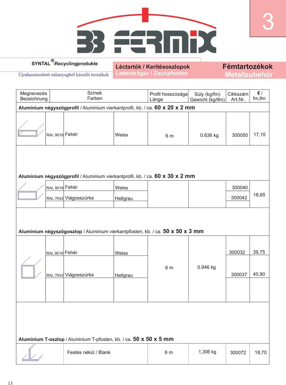 836 kg 300050 17,15 Alumínium négyszögprofil / Aluminium vierkantprofil, kb. / ca.