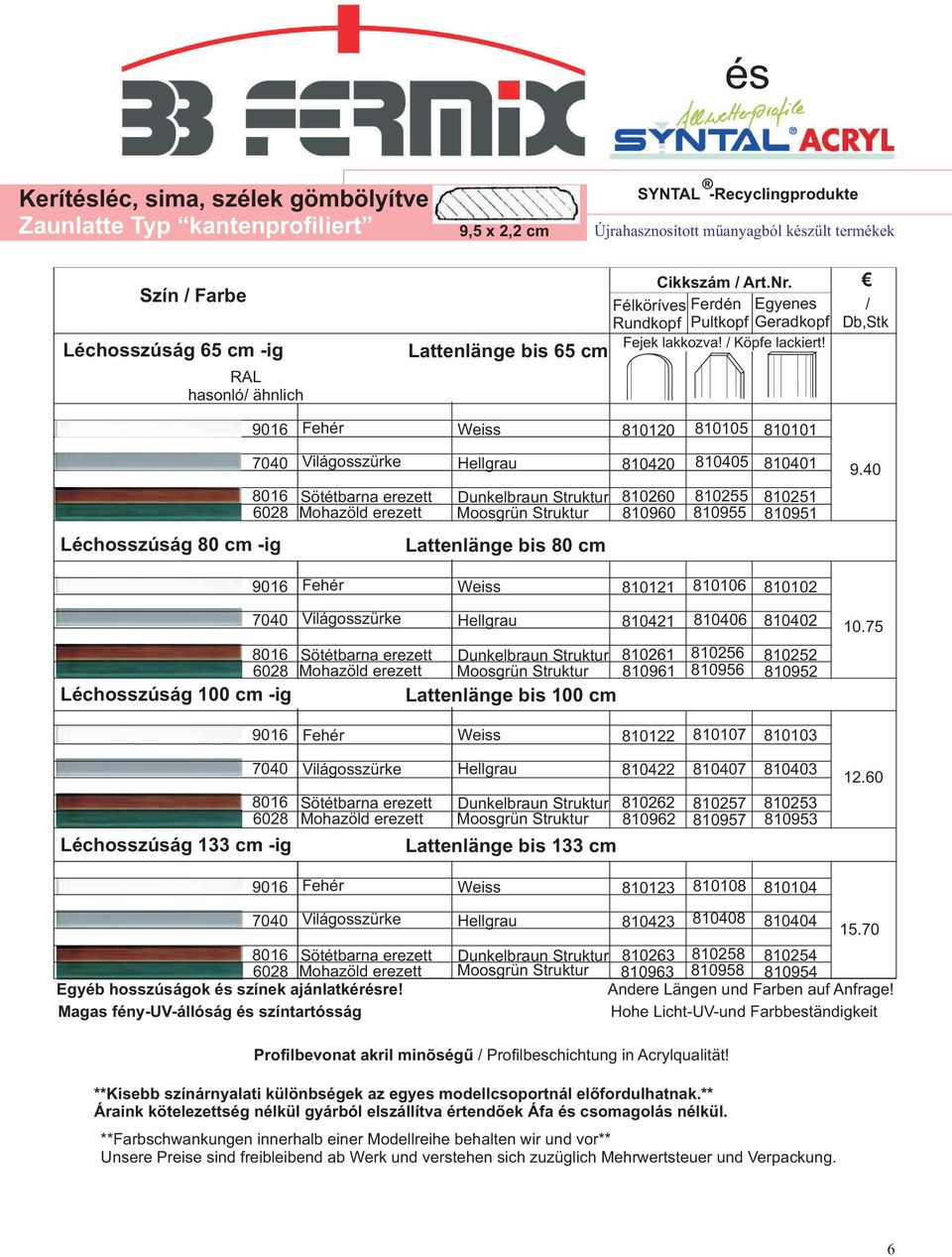 7040 8016 6028 Léchosszúság 80 cm -ig 7040 8016 6028 Léchosszúság 100 cm -ig 7040 8016 6028 Léchosszúság 133 cm -ig 810120 810105 810101 Világosszürke Hellgrau 810420 810405 810401 Sötétbarna erezett